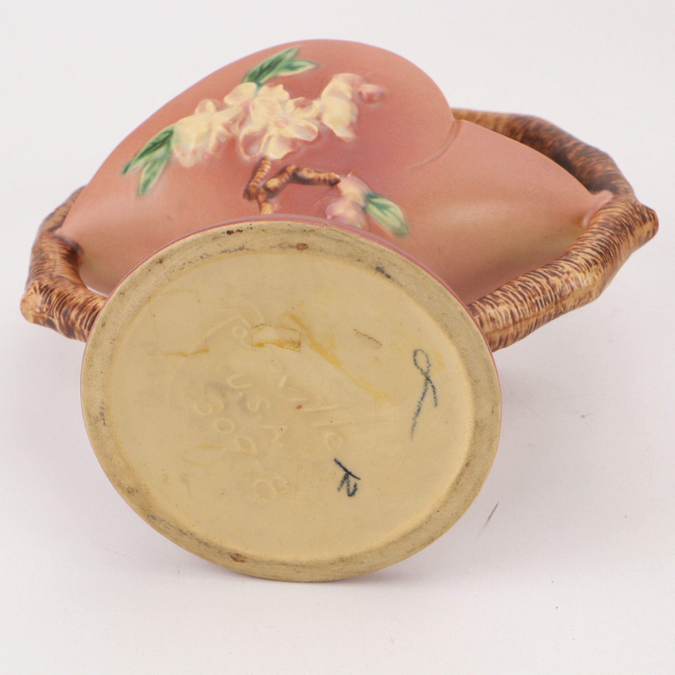 Roseville Pottery "Apple Blossom" Basket with Other Vases, Mid-20th Century