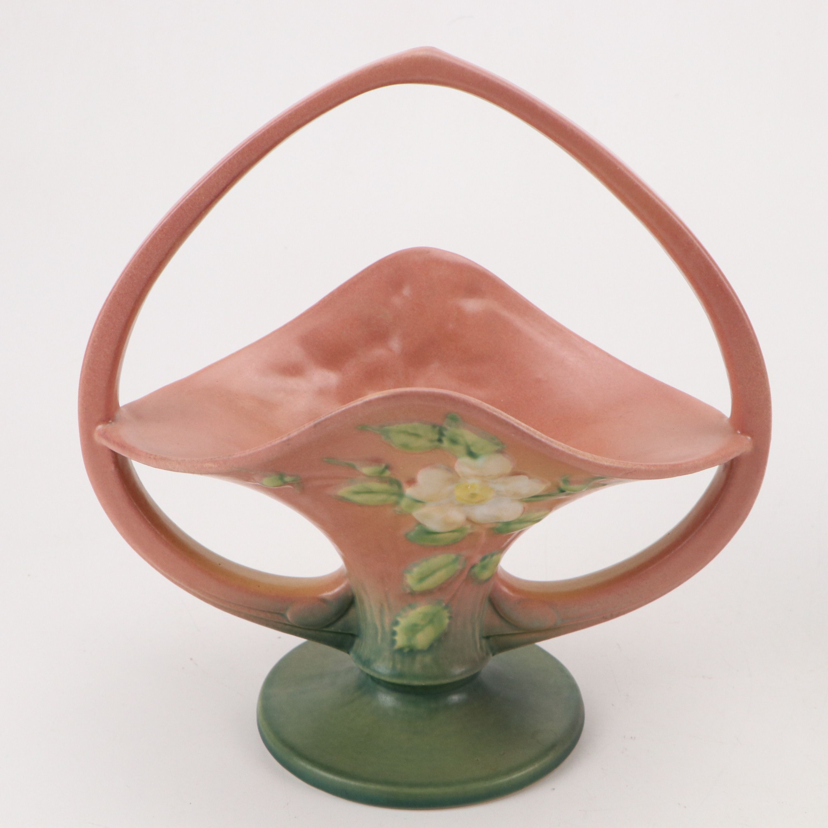 Roseville Pottery "Apple Blossom" Basket with Other Vases, Mid-20th Century