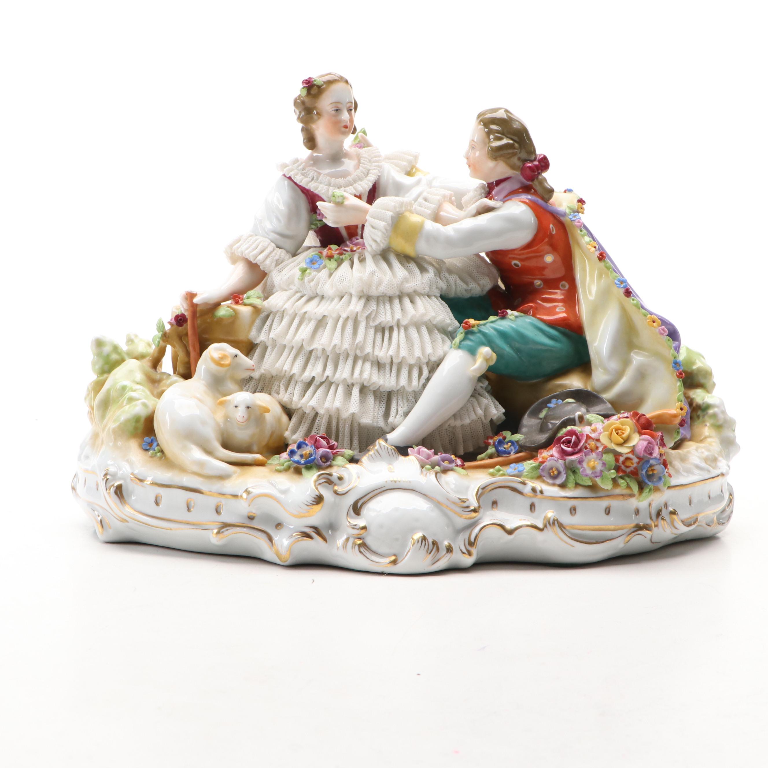 German Dresden Lace Courting Couple Figural Group with Other Porcelain Figurine
