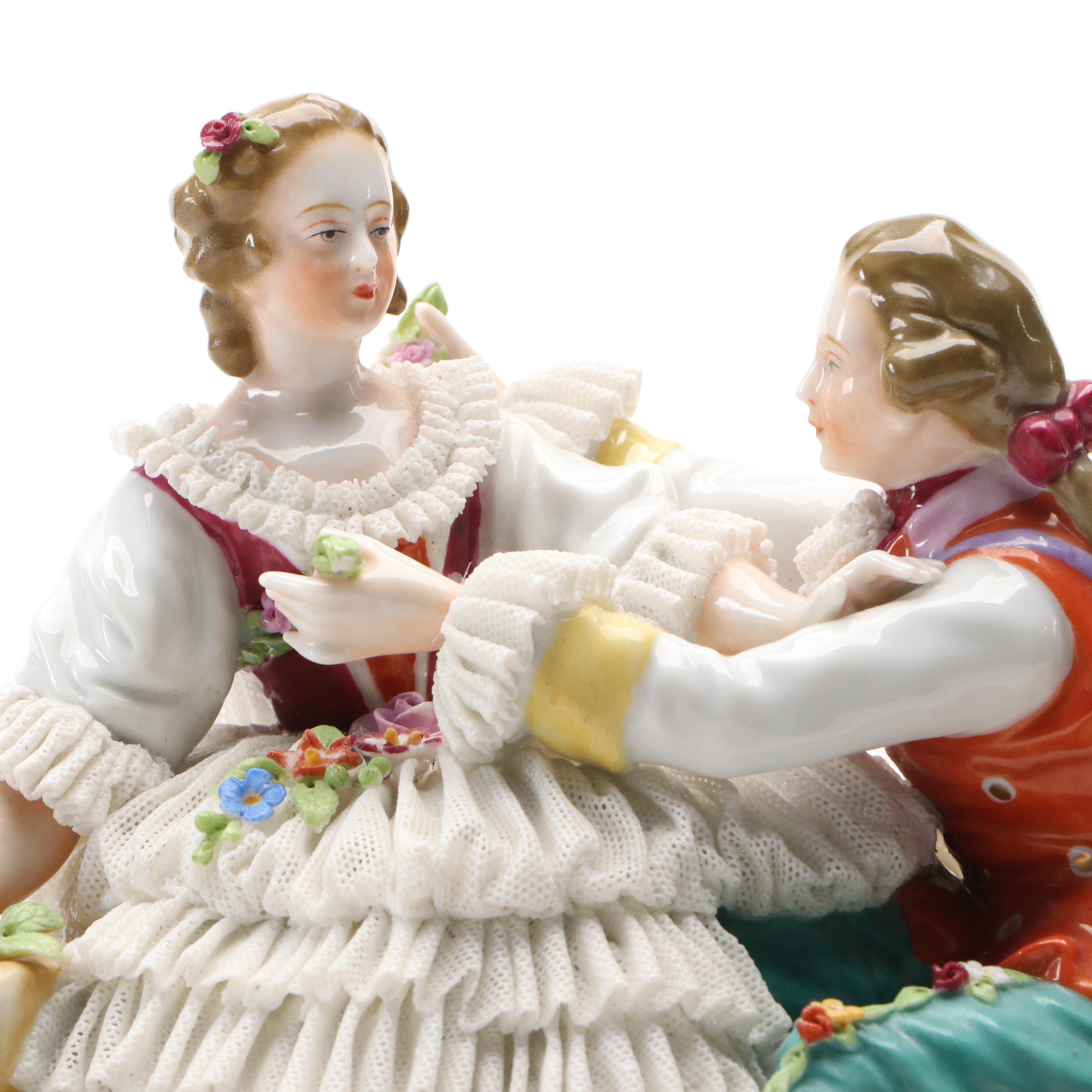 German Dresden Lace Courting Couple Figural Group with Other Porcelain Figurine