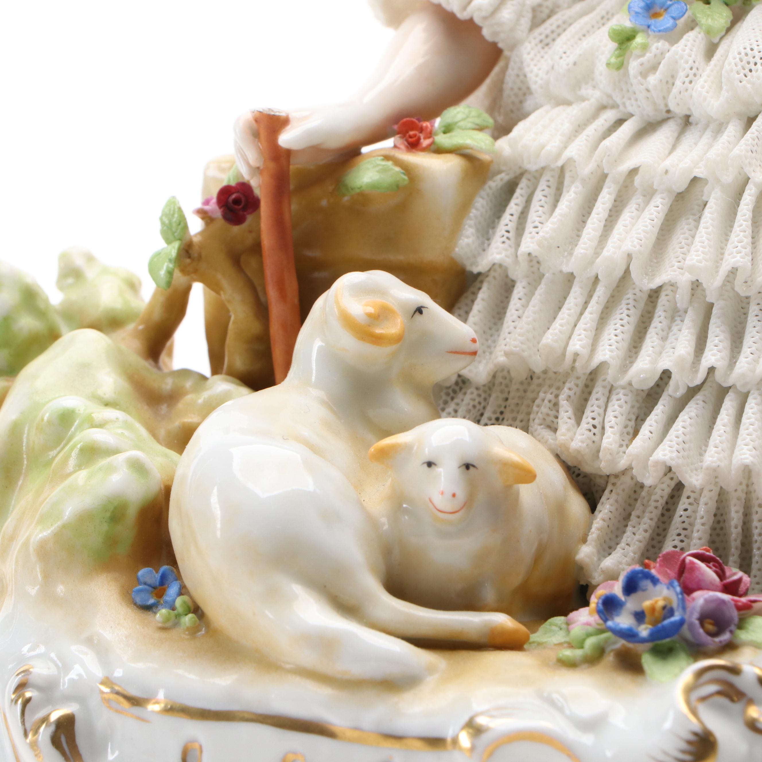 German Dresden Lace Courting Couple Figural Group with Other Porcelain Figurine