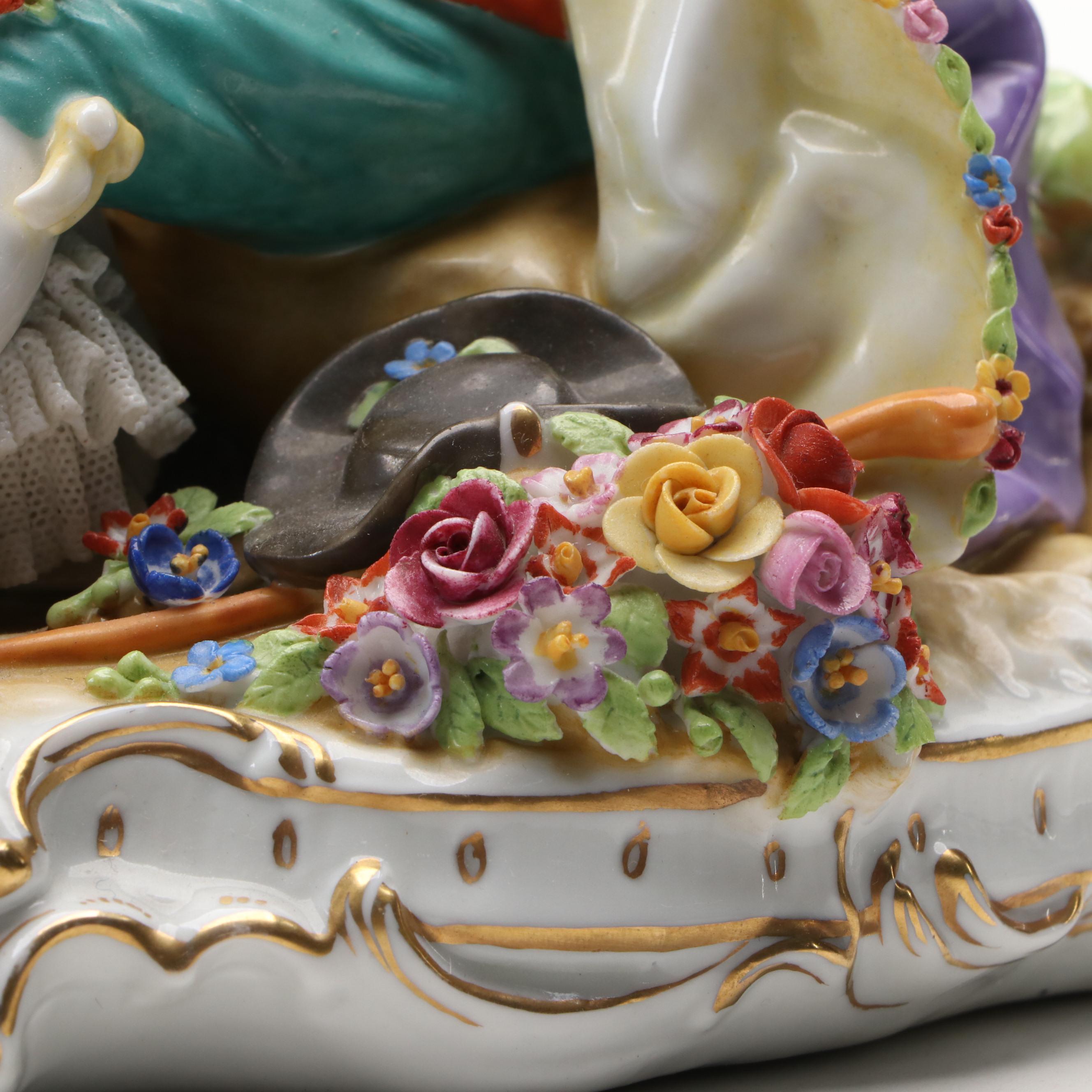 German Dresden Lace Courting Couple Figural Group with Other Porcelain Figurine