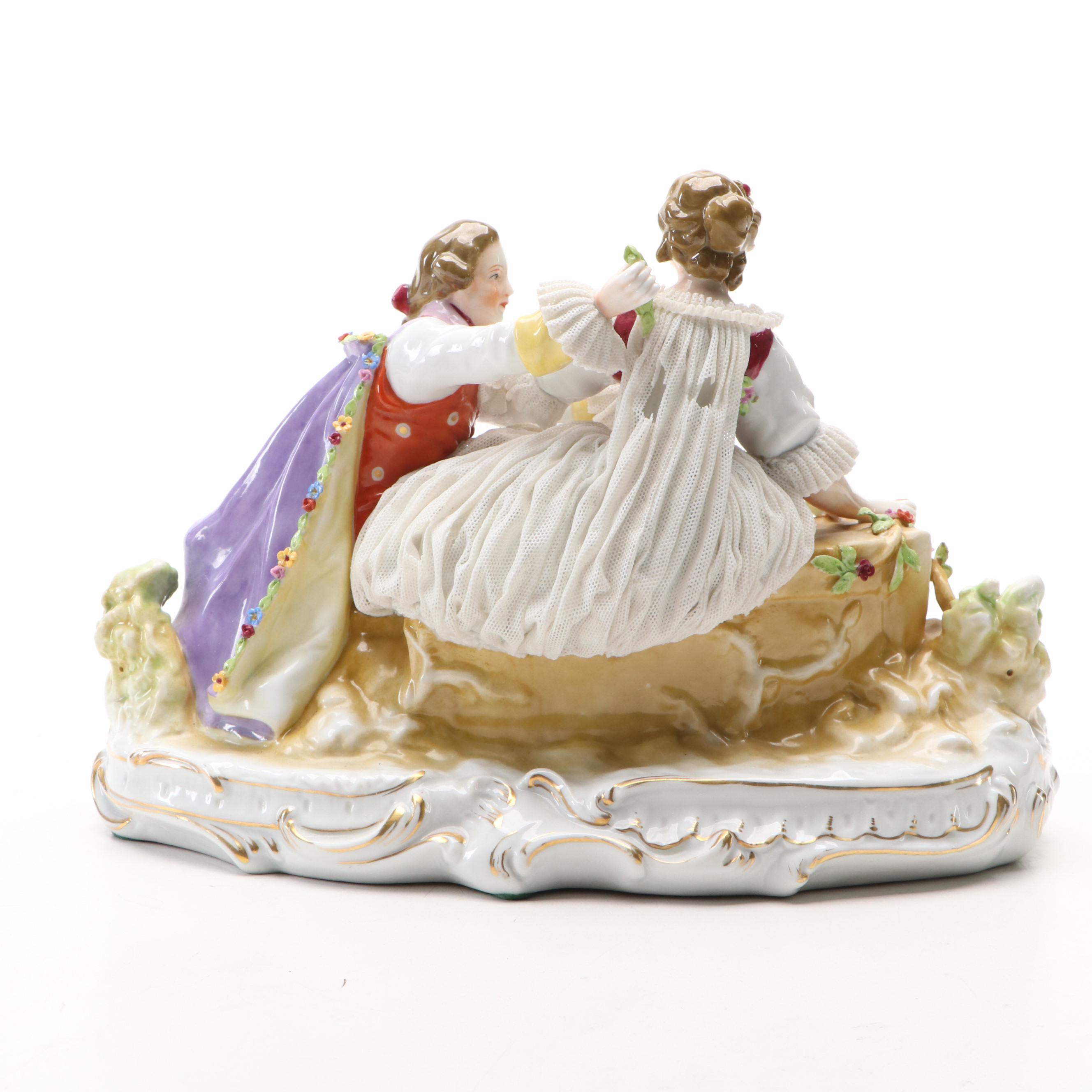 German Dresden Lace Courting Couple Figural Group with Other Porcelain Figurine