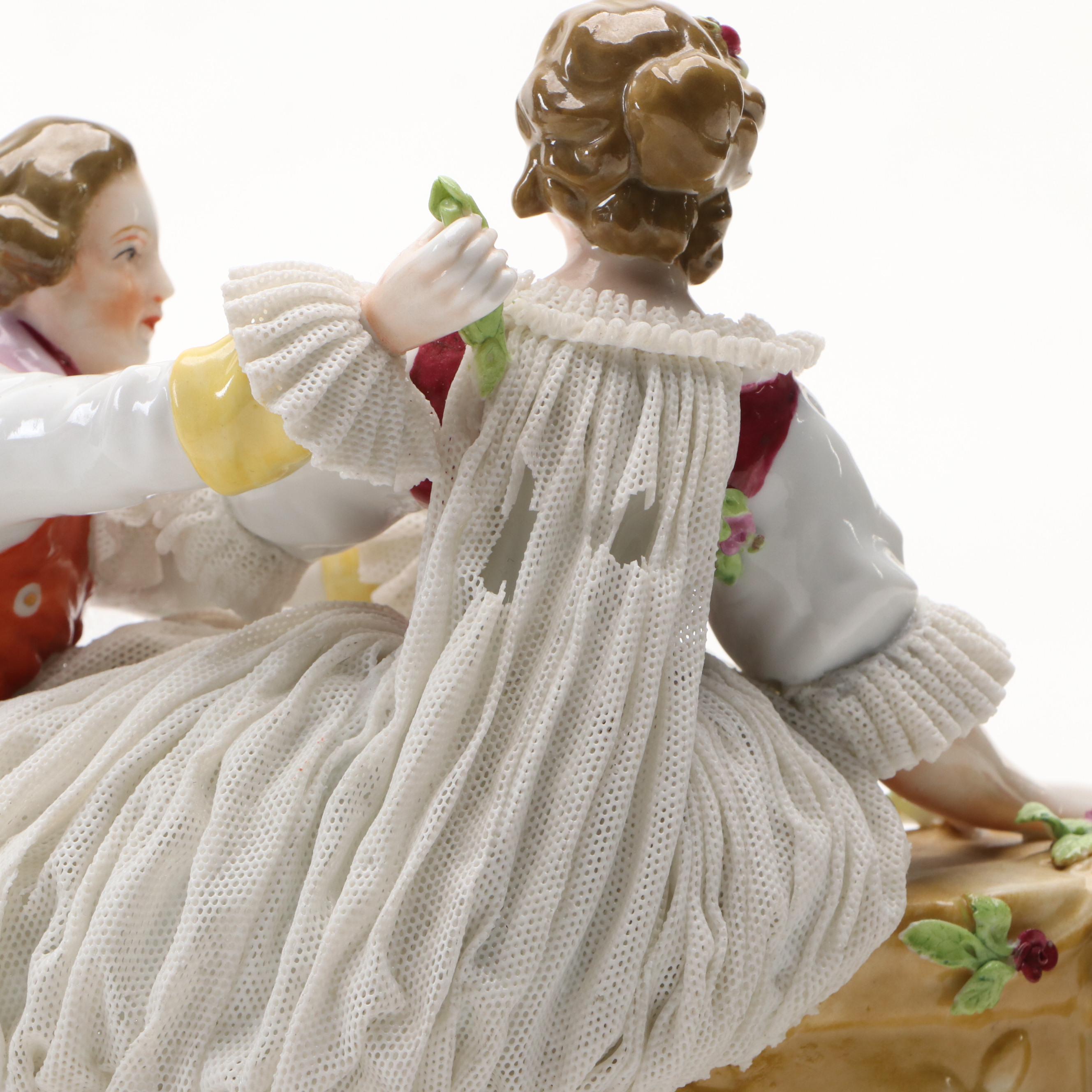 German Dresden Lace Courting Couple Figural Group with Other Porcelain Figurine
