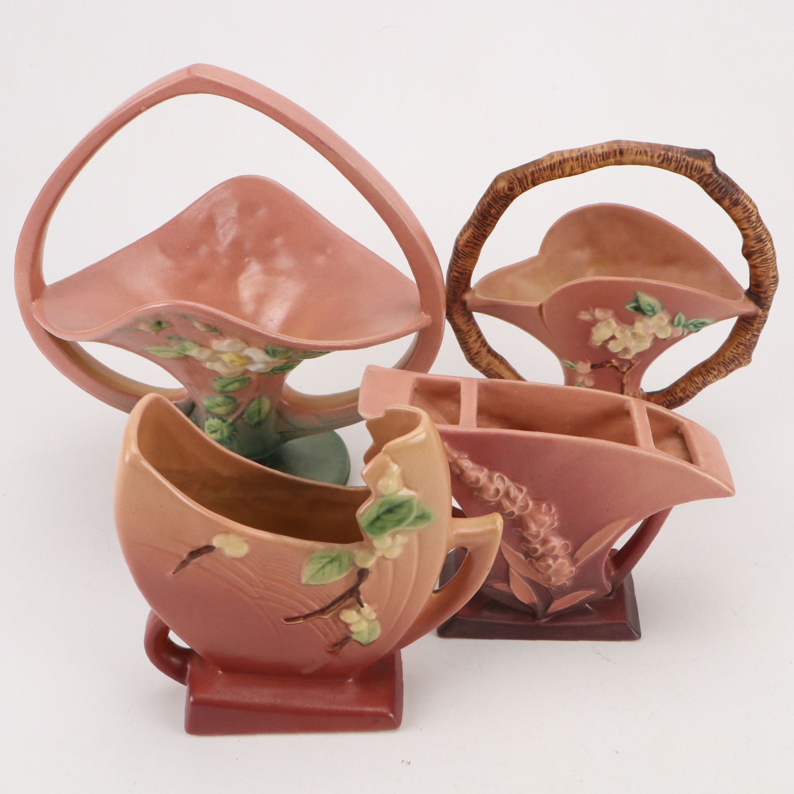 Roseville Pottery "Apple Blossom" Basket with Other Vases, Mid-20th Century