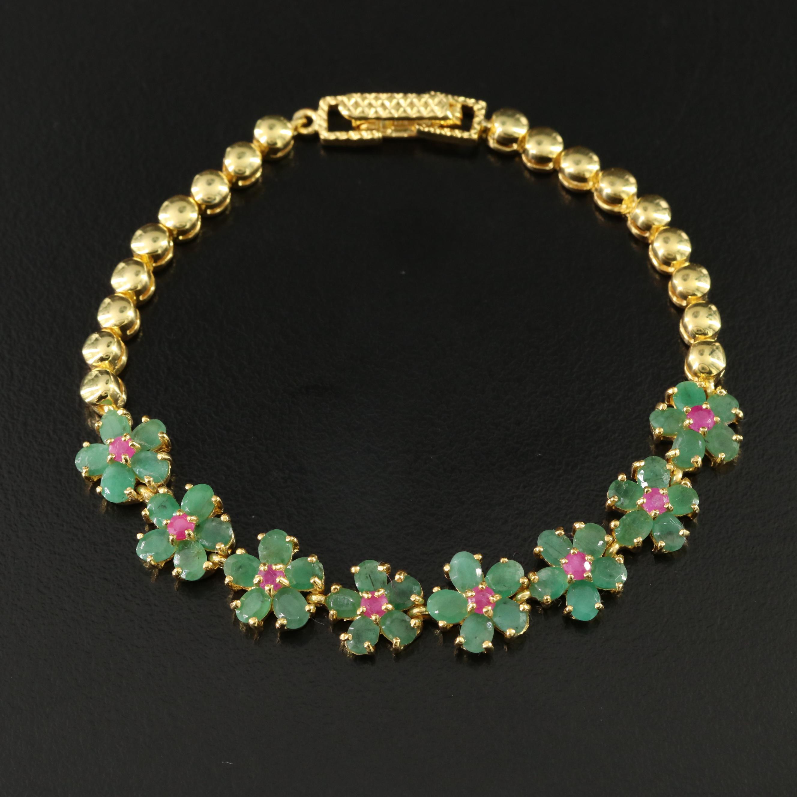 Sterling Emerald and Ruby Floral Link Bracelet