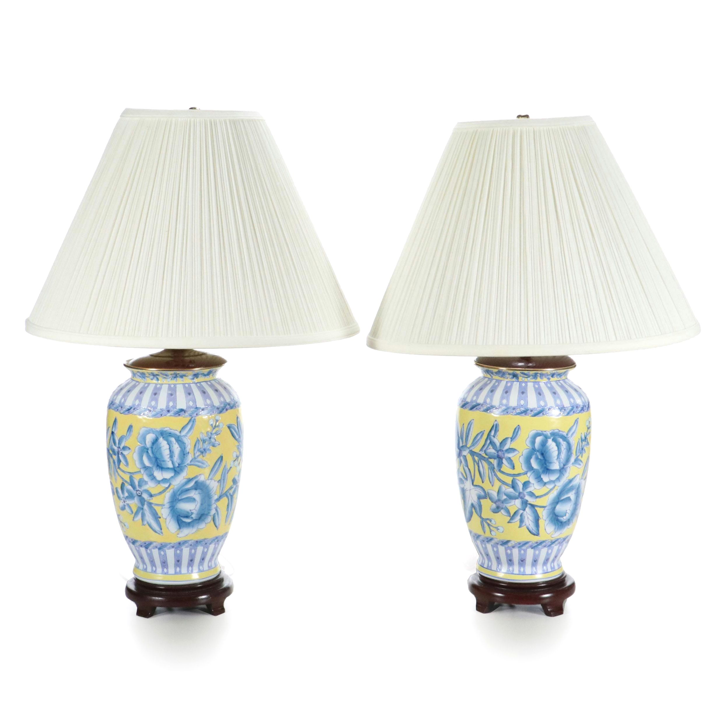 Chinese Yellow and Blue Porcelain Vase Table Lamps with Shirred Shades