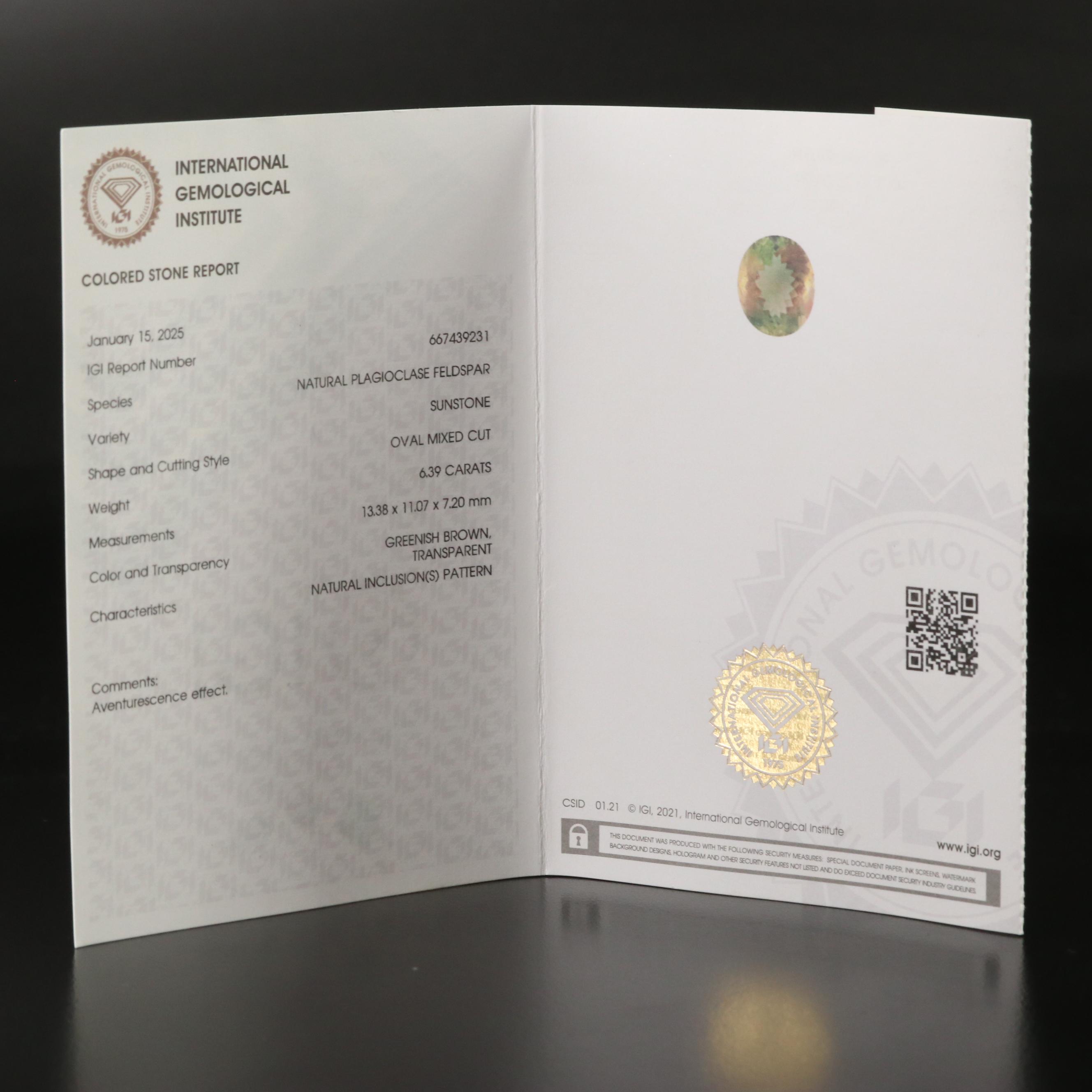 Loose 6.39 CT Sunstone with IGI Report