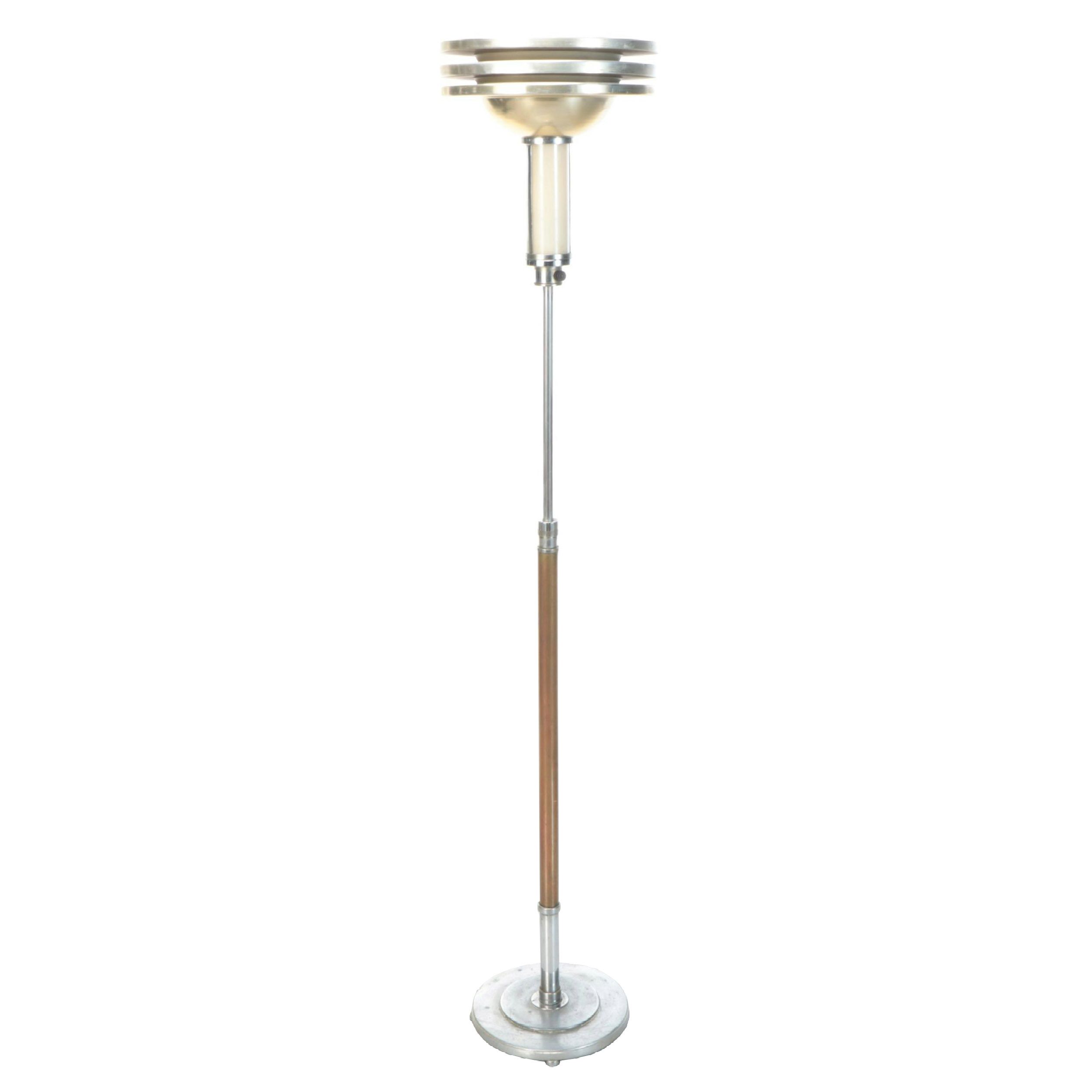 Art Deco Machine Age Brushed Aluminum and Wood Torchère Floor Lamp
