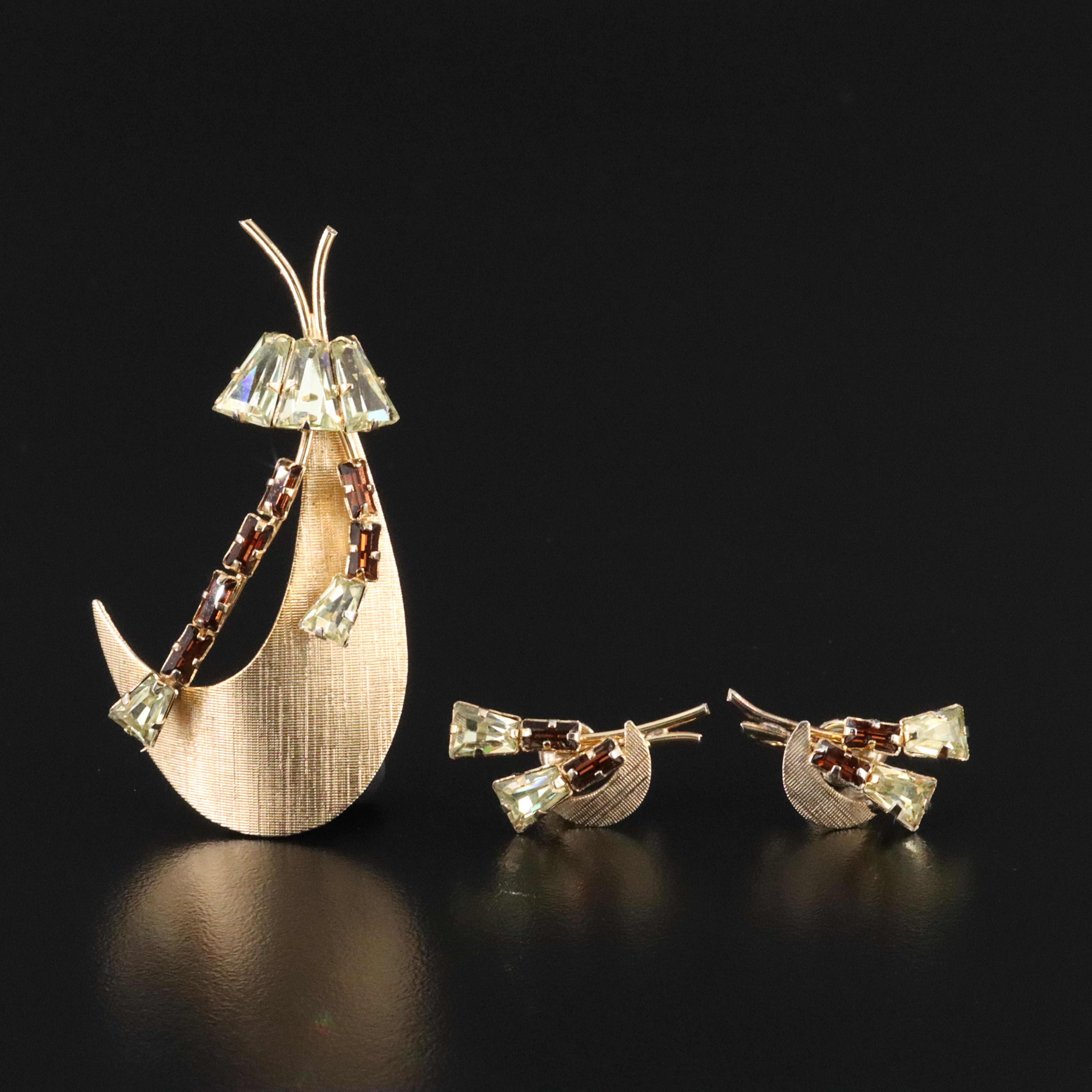 Vintage Gold-Filled Rhinestone Brooch and Earrings Set