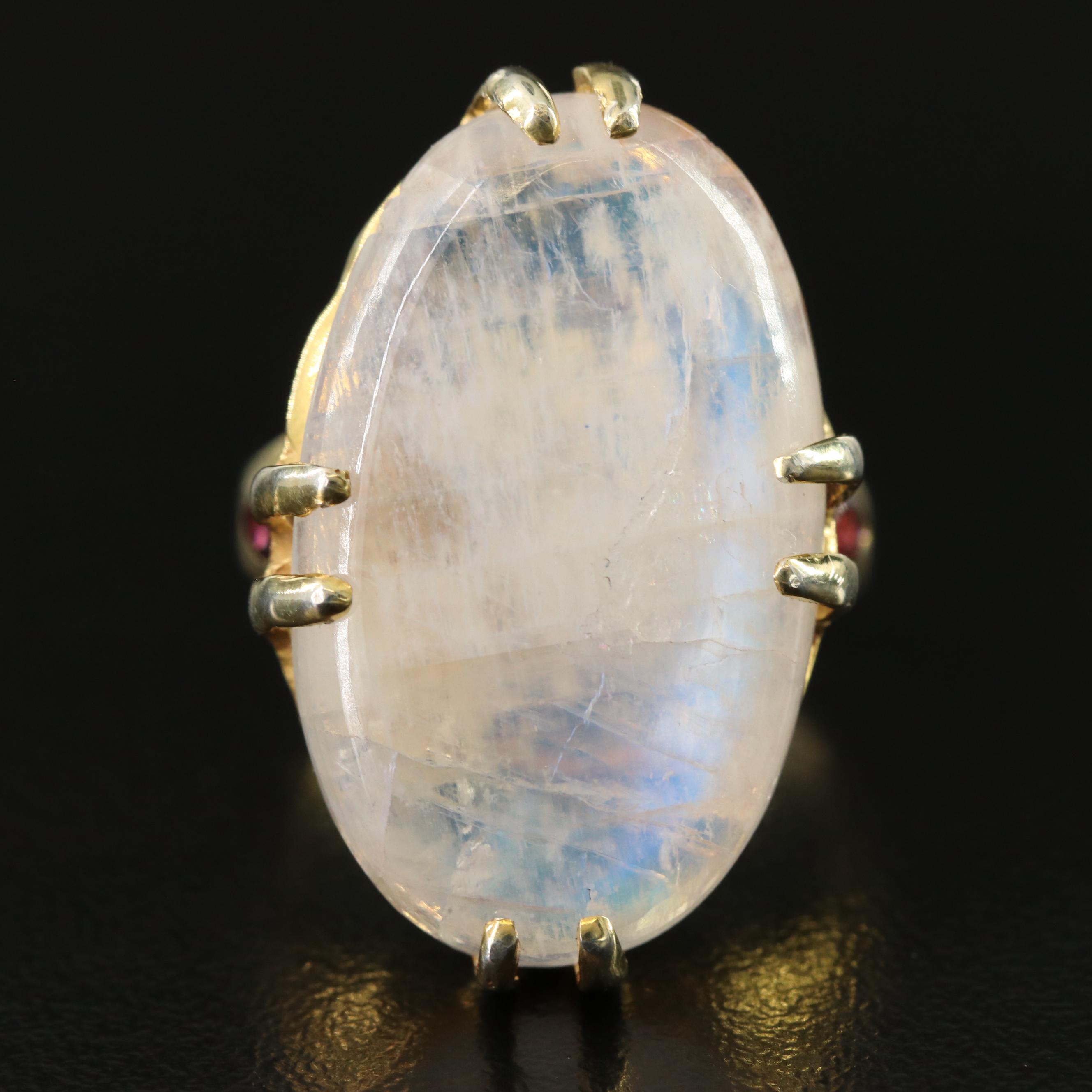Sterling Rainbow Moonstone and Garnet Ring