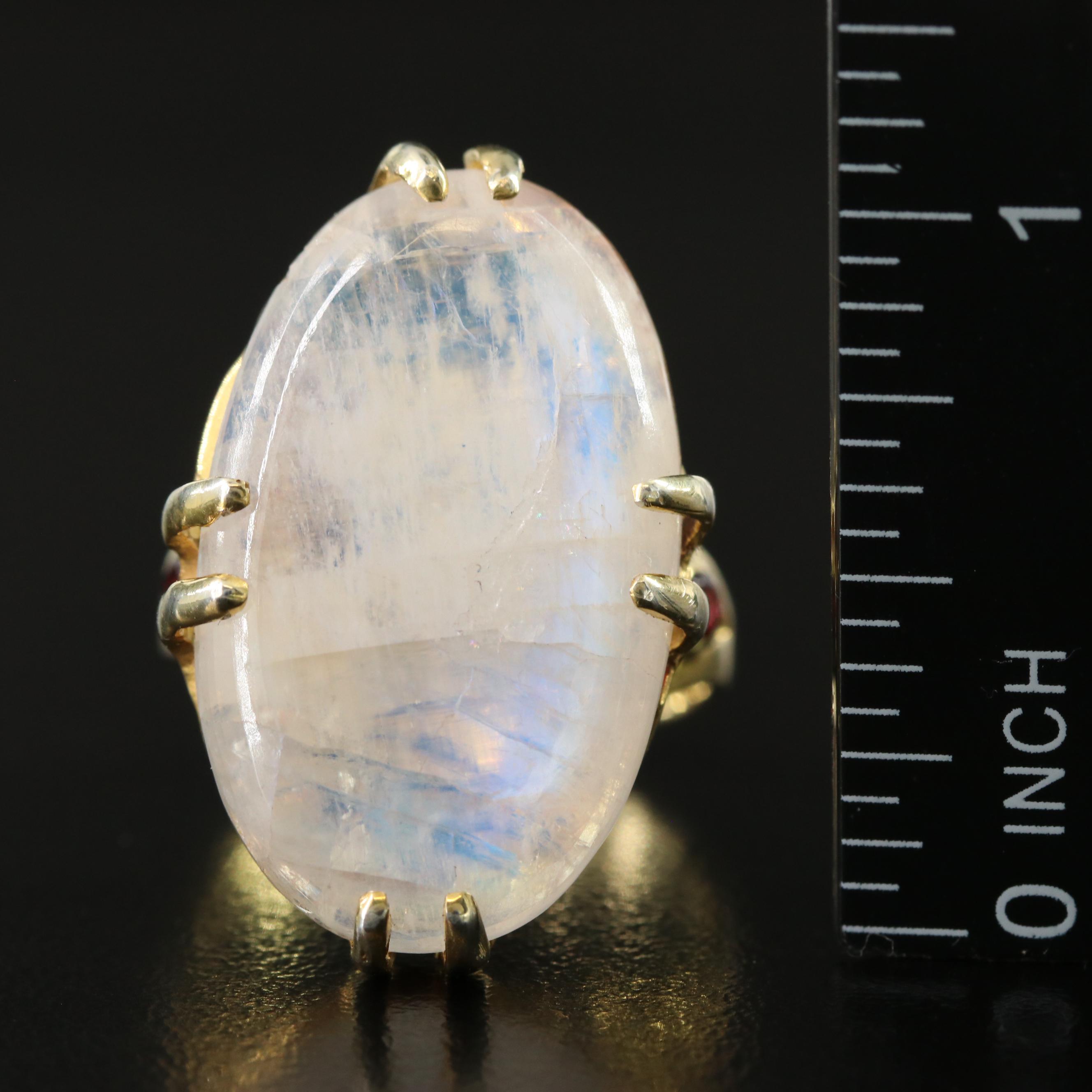 Sterling Rainbow Moonstone and Garnet Ring