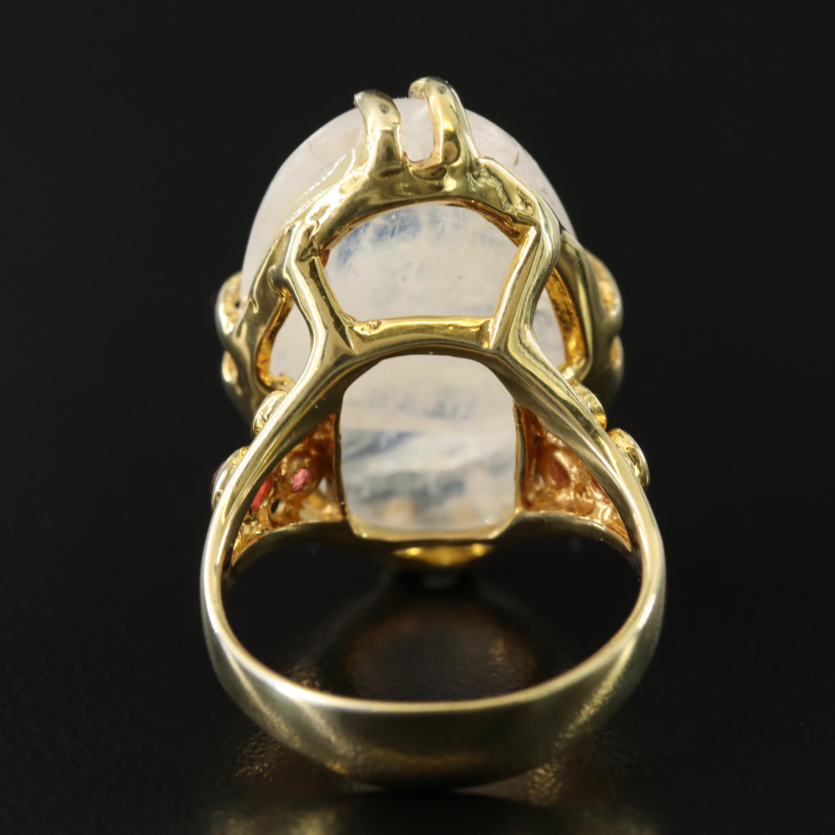 Sterling Rainbow Moonstone and Garnet Ring