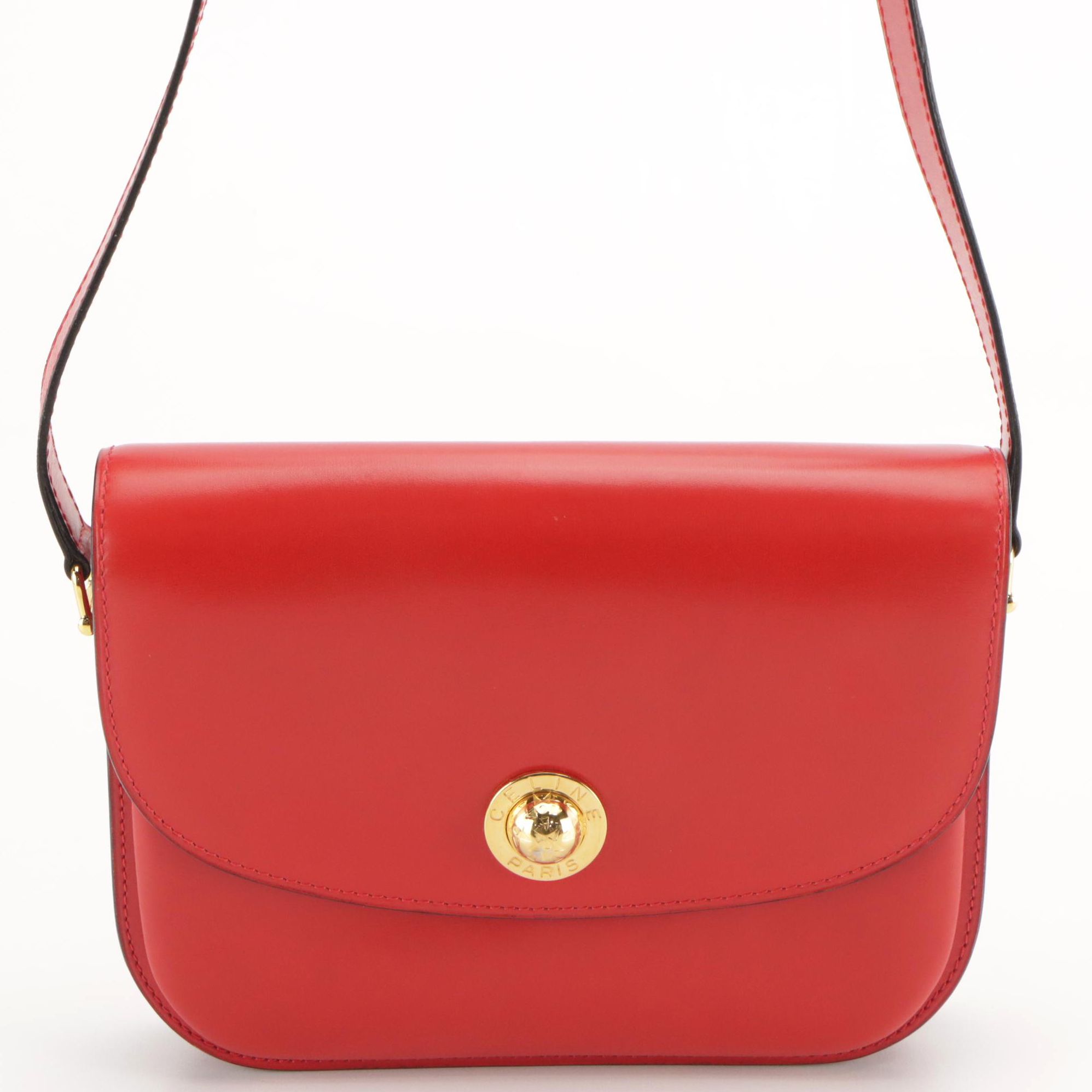 Celine Vintage Front Flap Crossbody Bag in Red Calfskin Leather