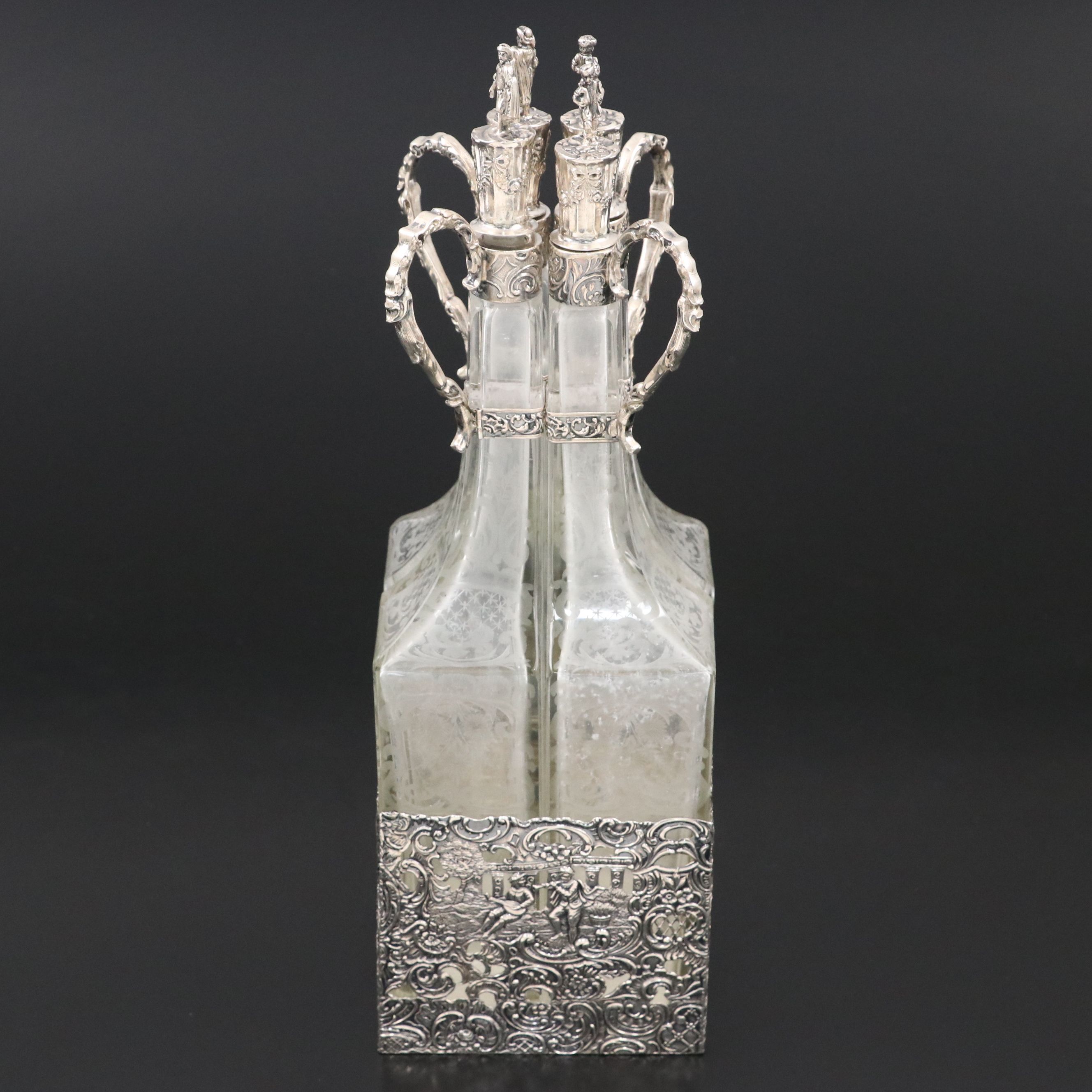 German Hanau 800 Silver and Etched Glass Cruet Set, Early 20th C.