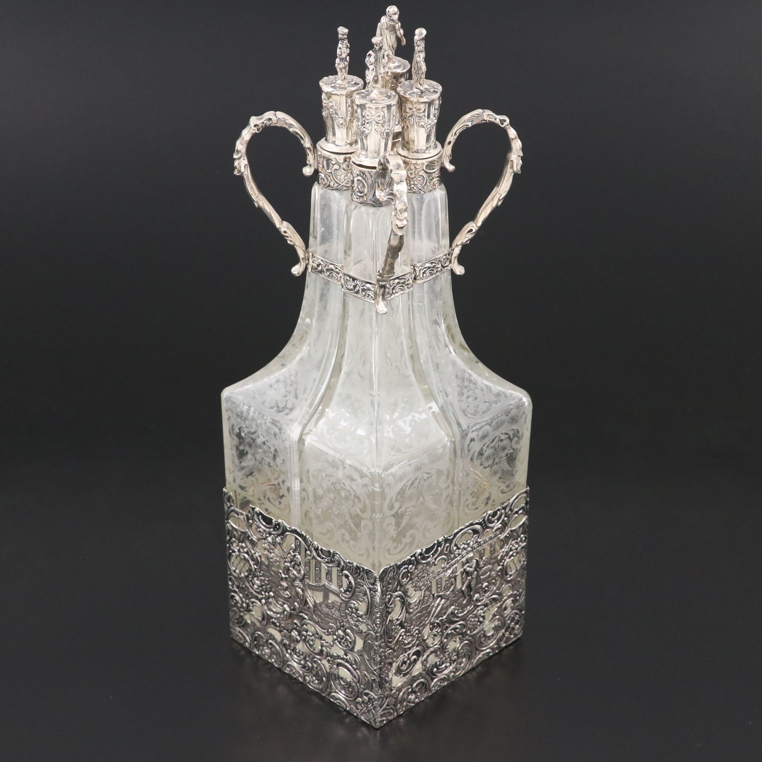 German Hanau 800 Silver and Etched Glass Cruet Set, Early 20th C.