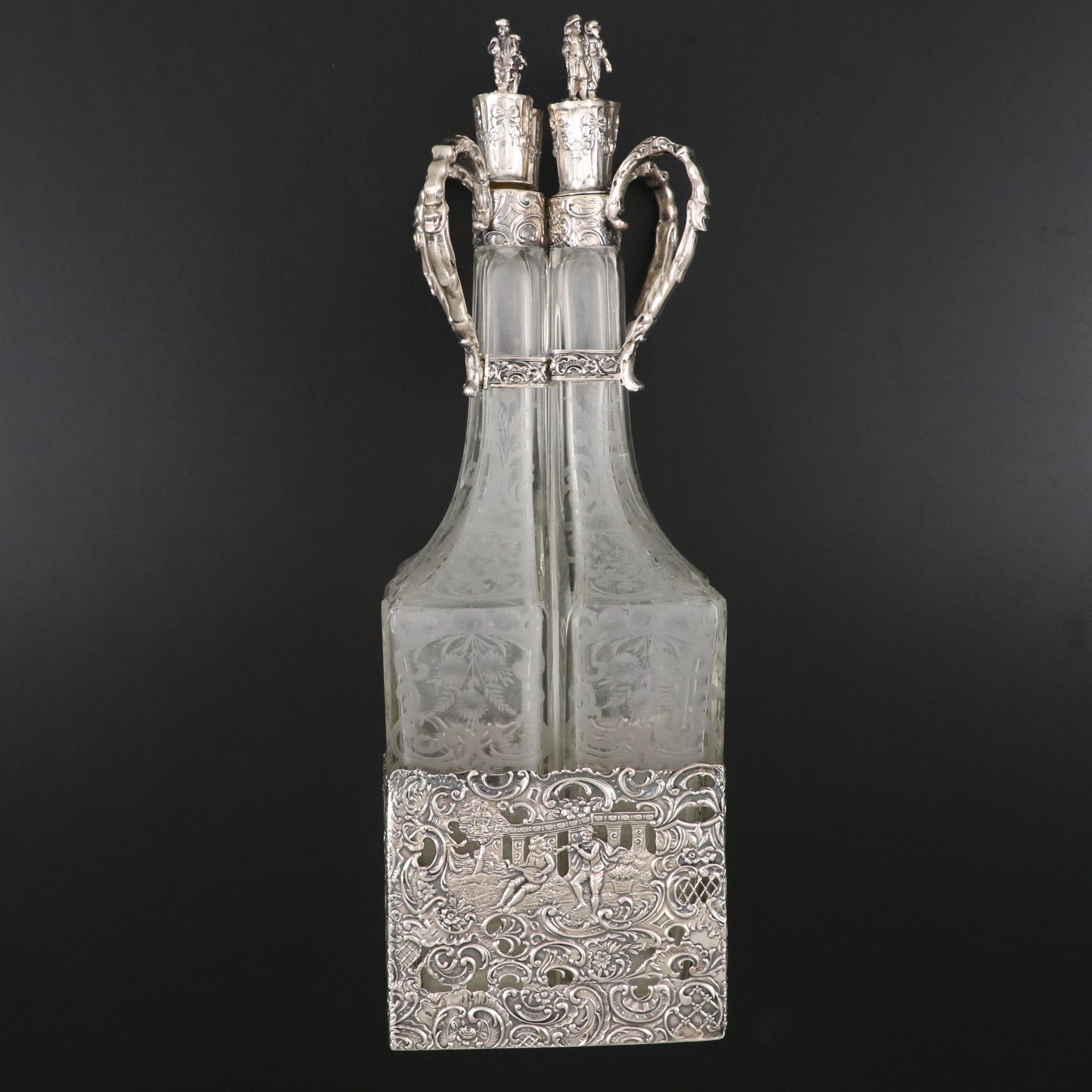 German Hanau 800 Silver and Etched Glass Cruet Set, Early 20th C.