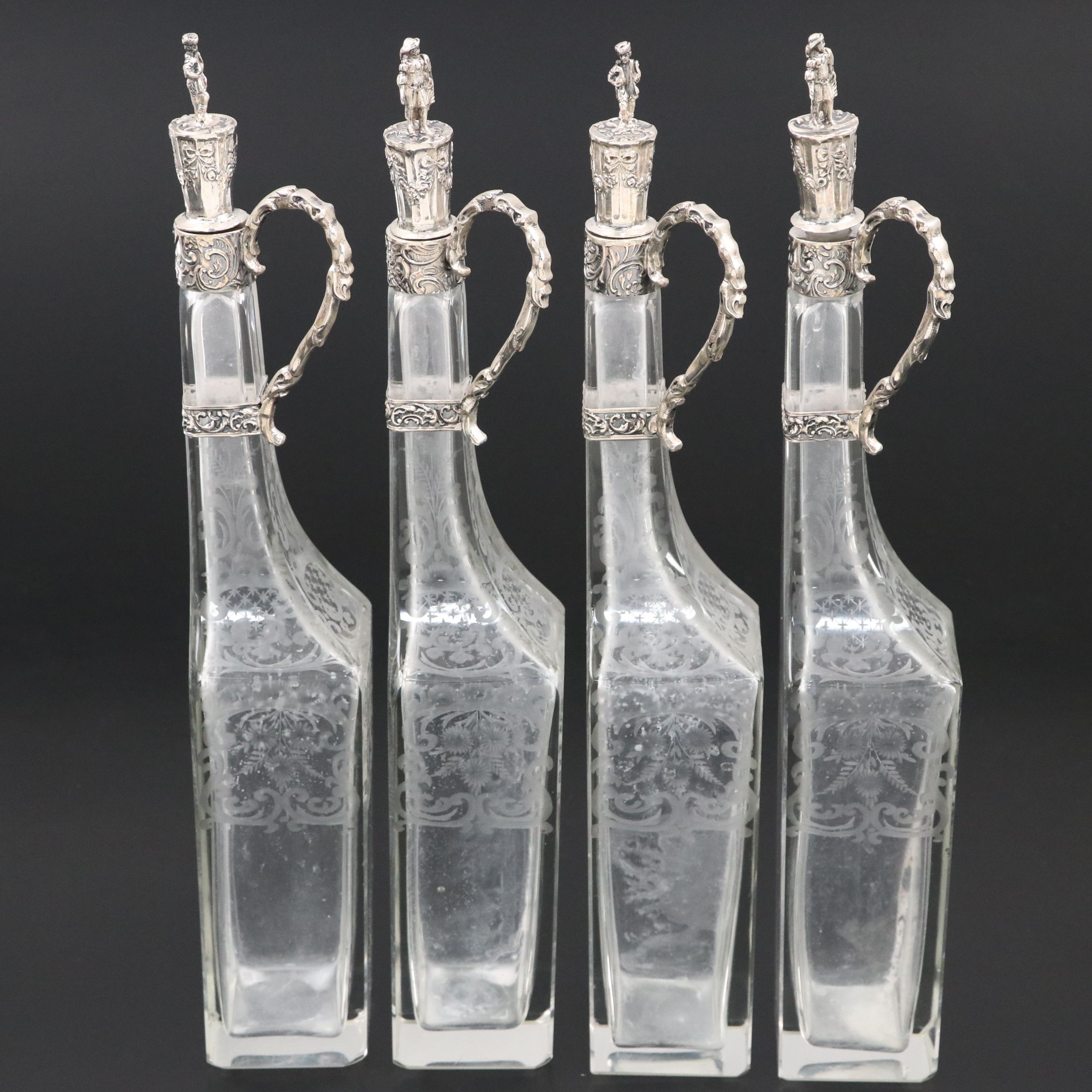 German Hanau 800 Silver and Etched Glass Cruet Set, Early 20th C.