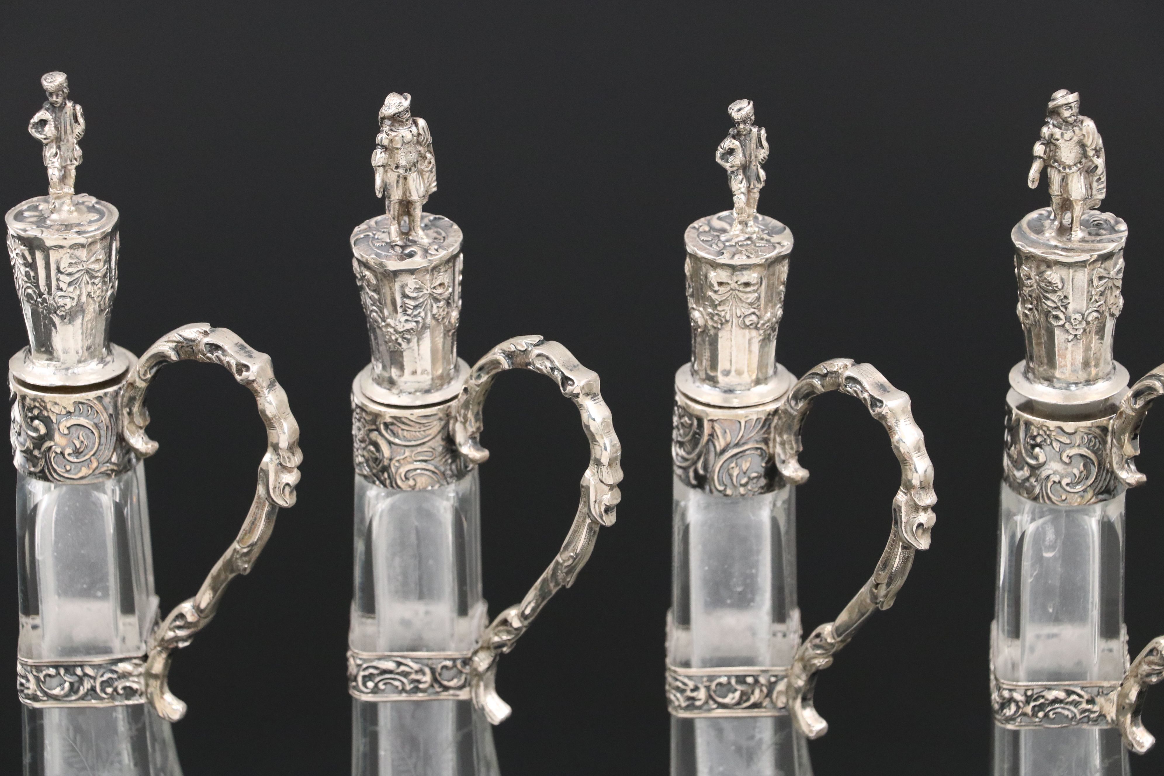 German Hanau 800 Silver and Etched Glass Cruet Set, Early 20th C.