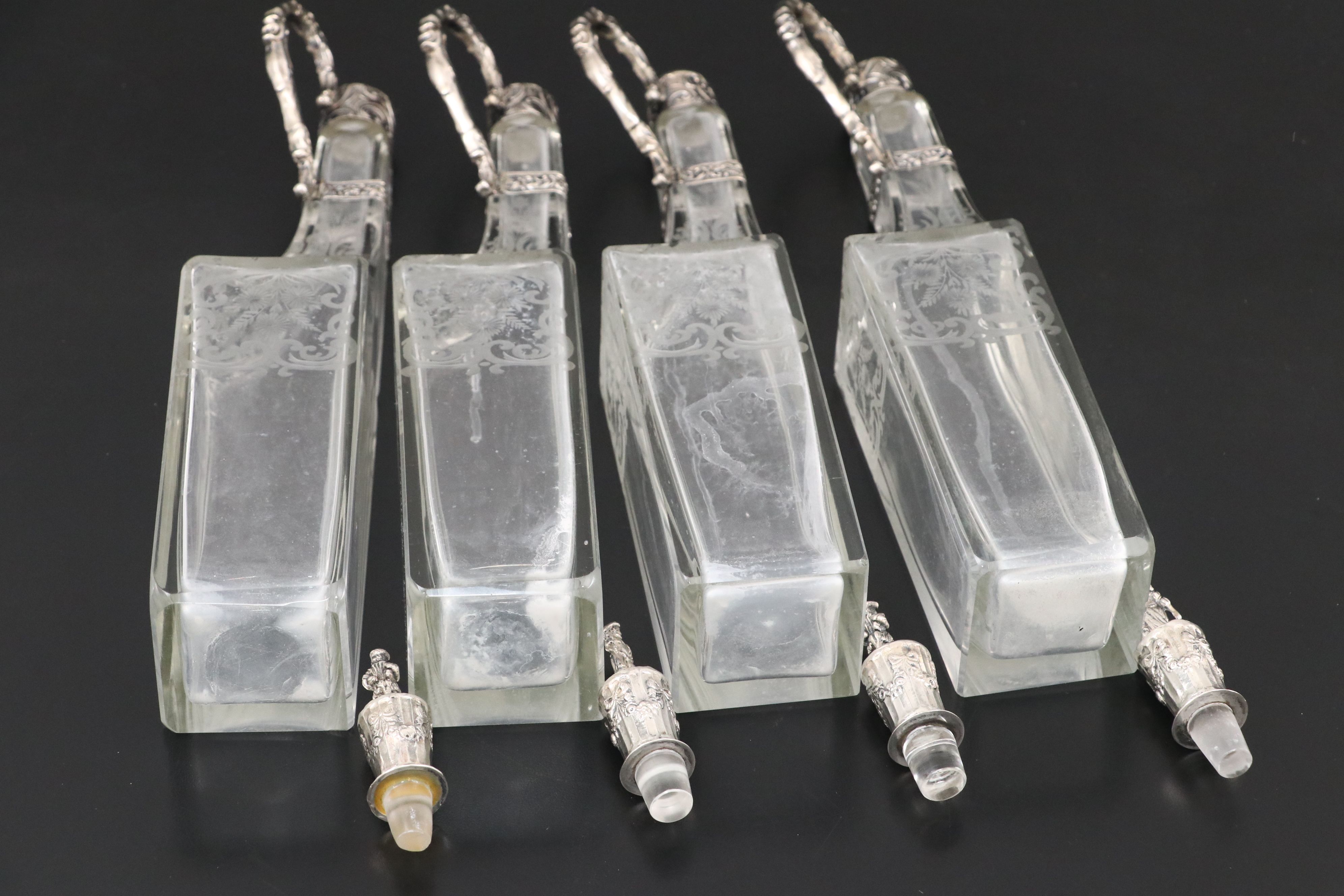 German Hanau 800 Silver and Etched Glass Cruet Set, Early 20th C.