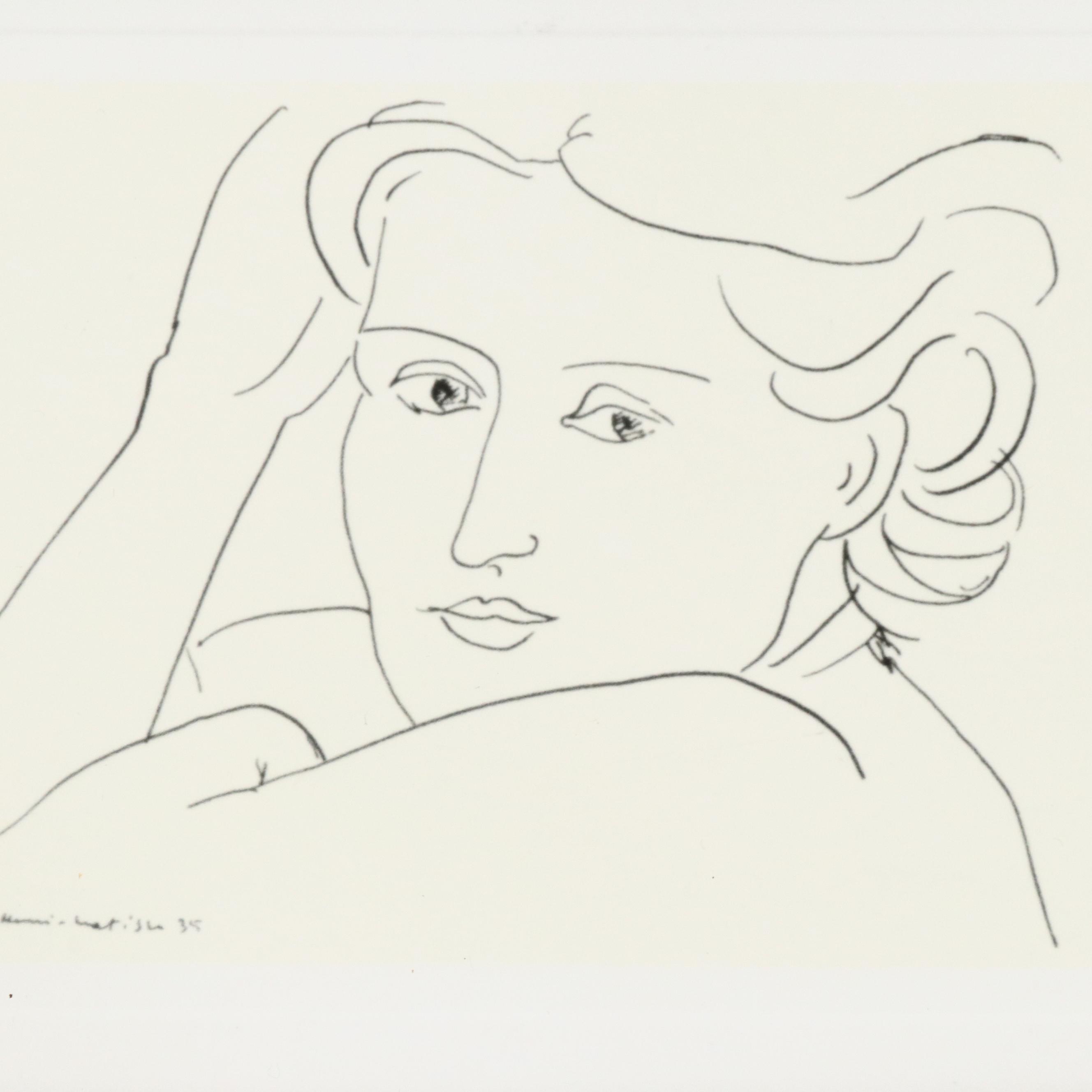 Prints After Henri Matisse Line Drawings, Including "Jeune Fille Avec Tiare"