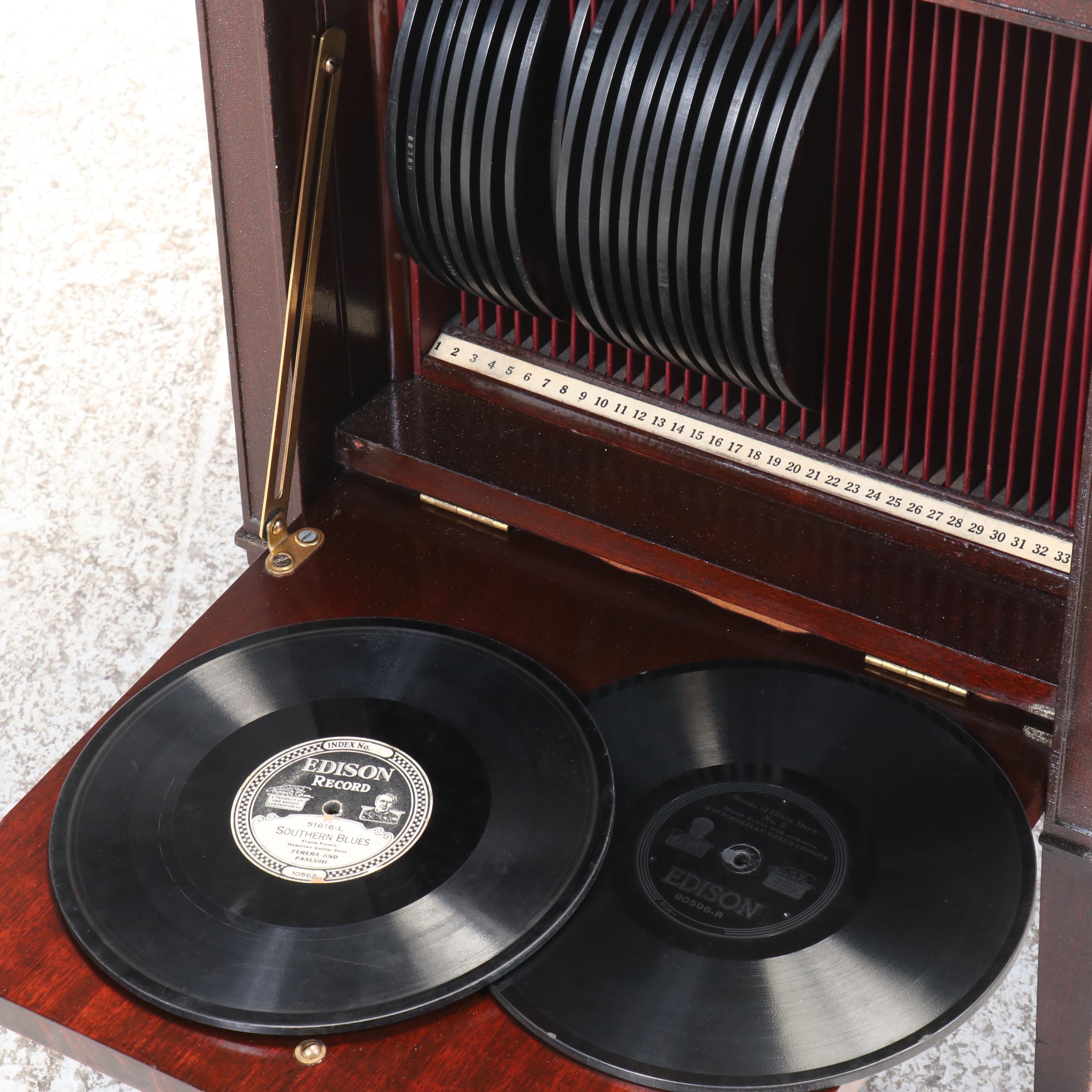 Edison Sheraton S-19 Disc Phonograph with Record Collection, Early 20th Century