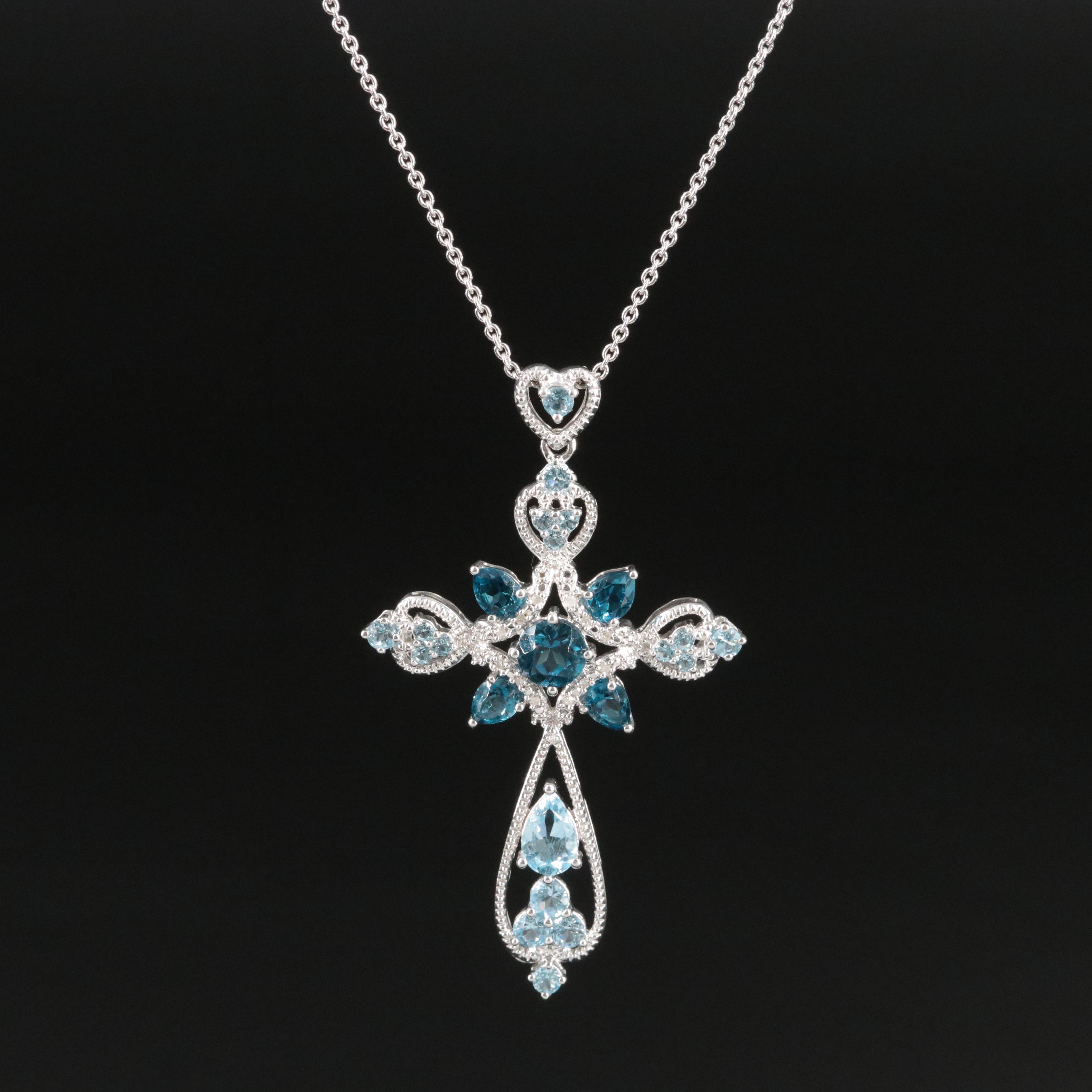 Sterling Diamond, Sky Blue and London Blue Topaz Cross Pendant Necklace