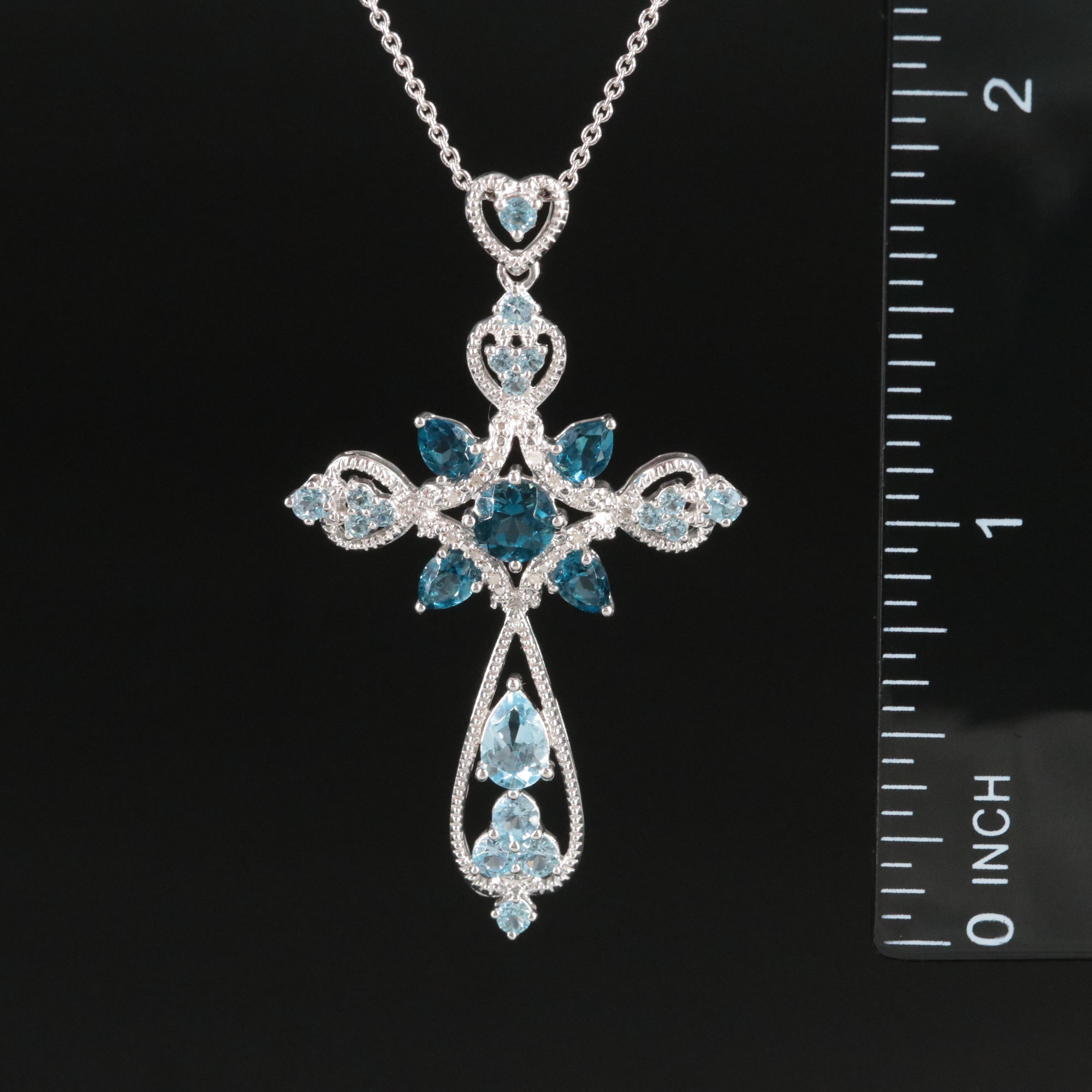 Sterling Diamond, Sky Blue and London Blue Topaz Cross Pendant Necklace