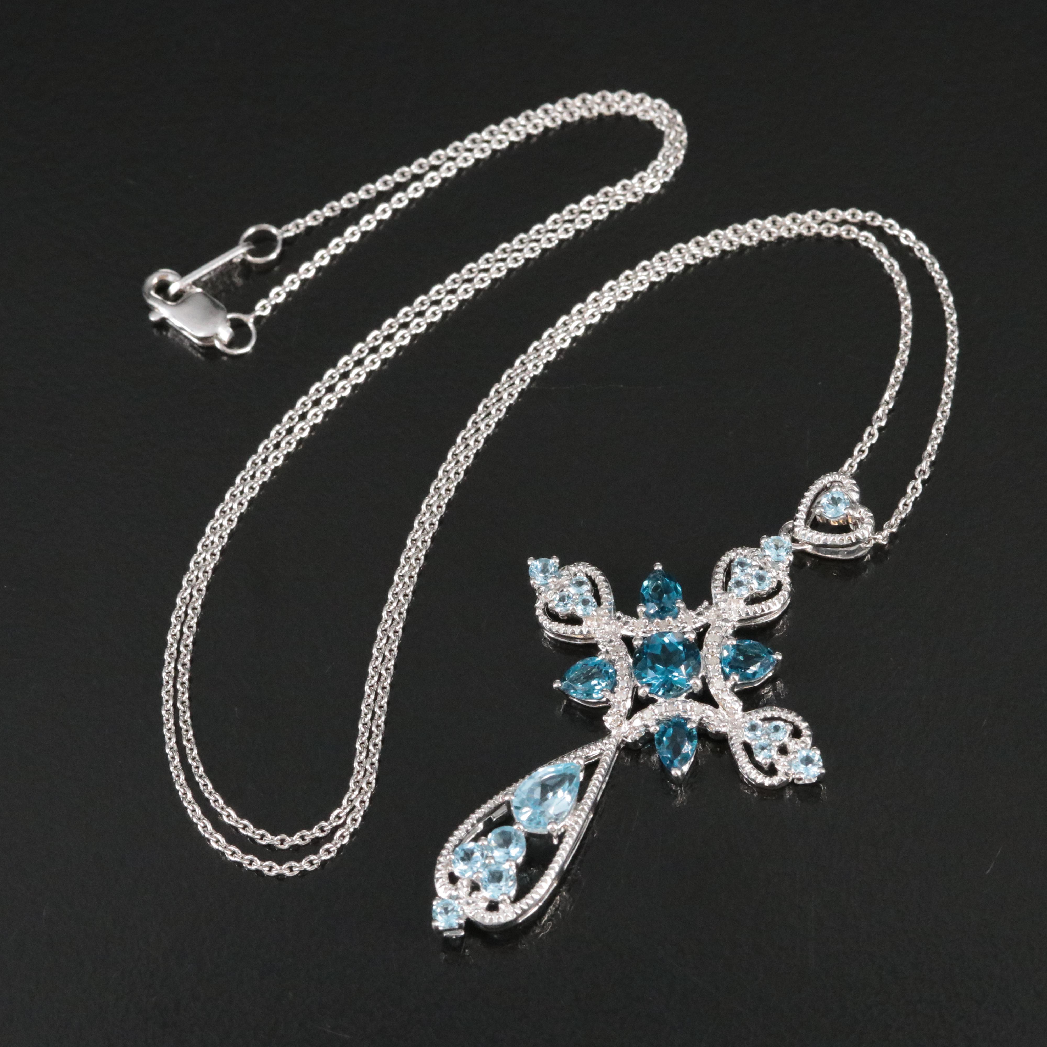 Sterling Diamond, Sky Blue and London Blue Topaz Cross Pendant Necklace