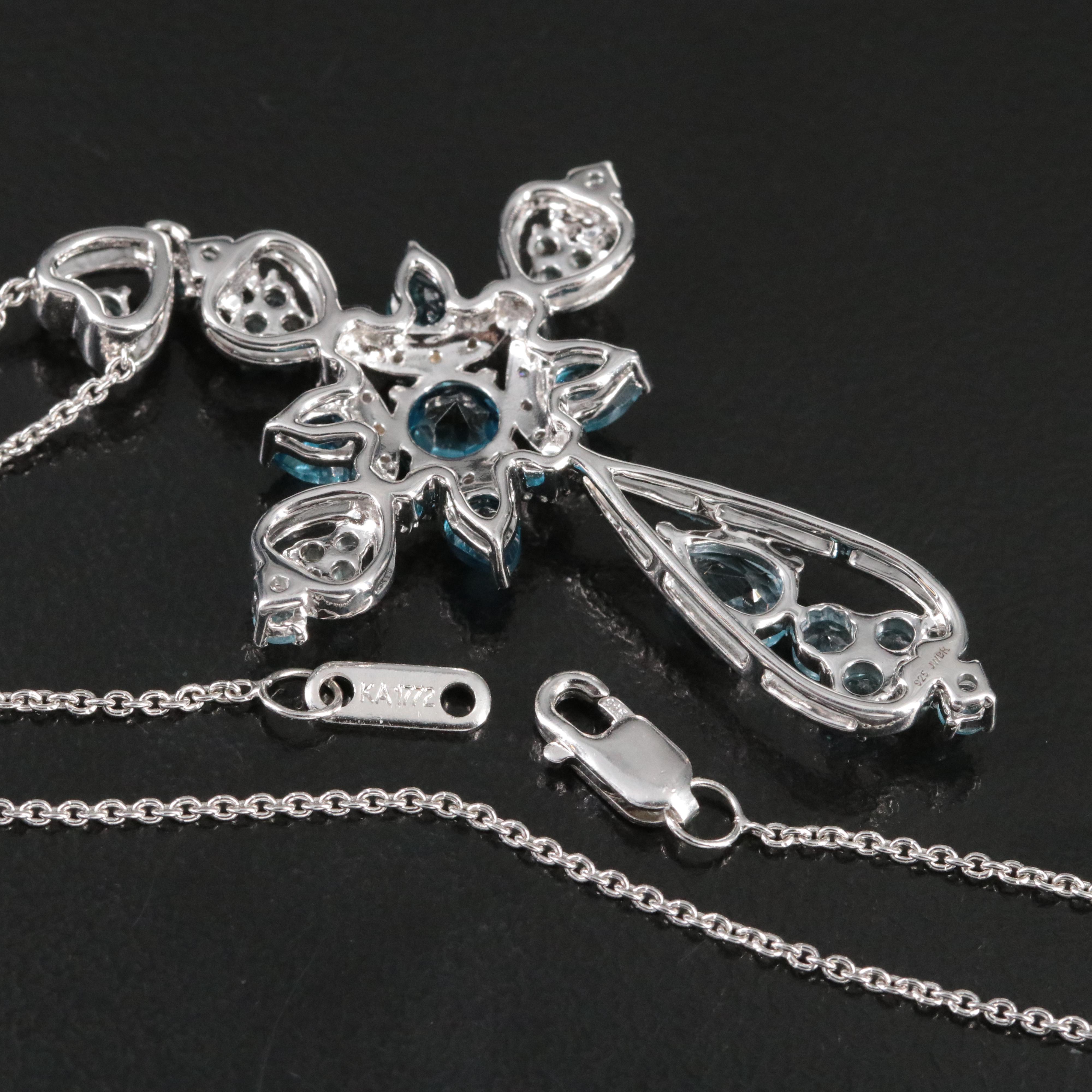 Sterling Diamond, Sky Blue and London Blue Topaz Cross Pendant Necklace