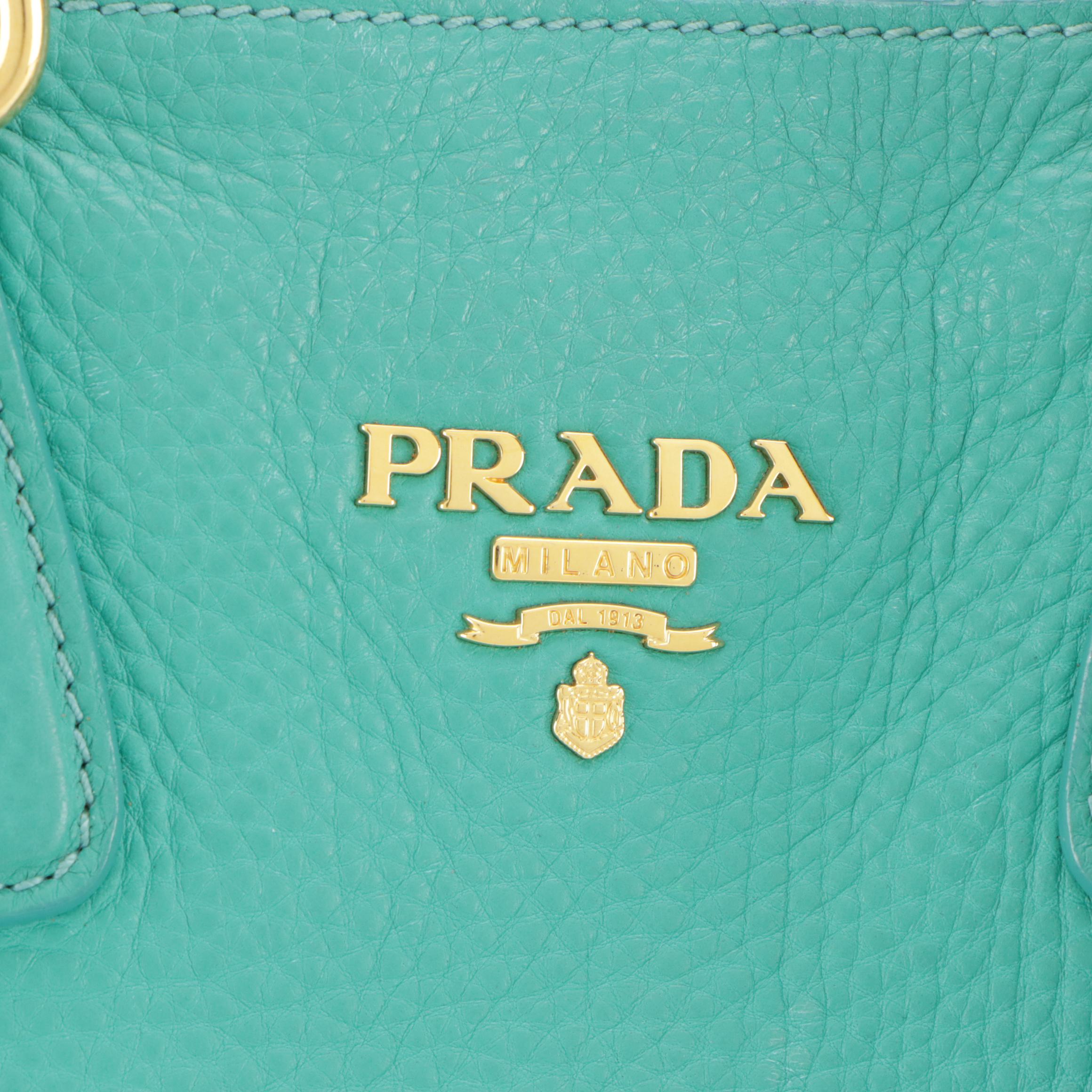 Prada Side Zip Two-Way Shopping Tote in Turquoise Soft Pebble Grained Leather