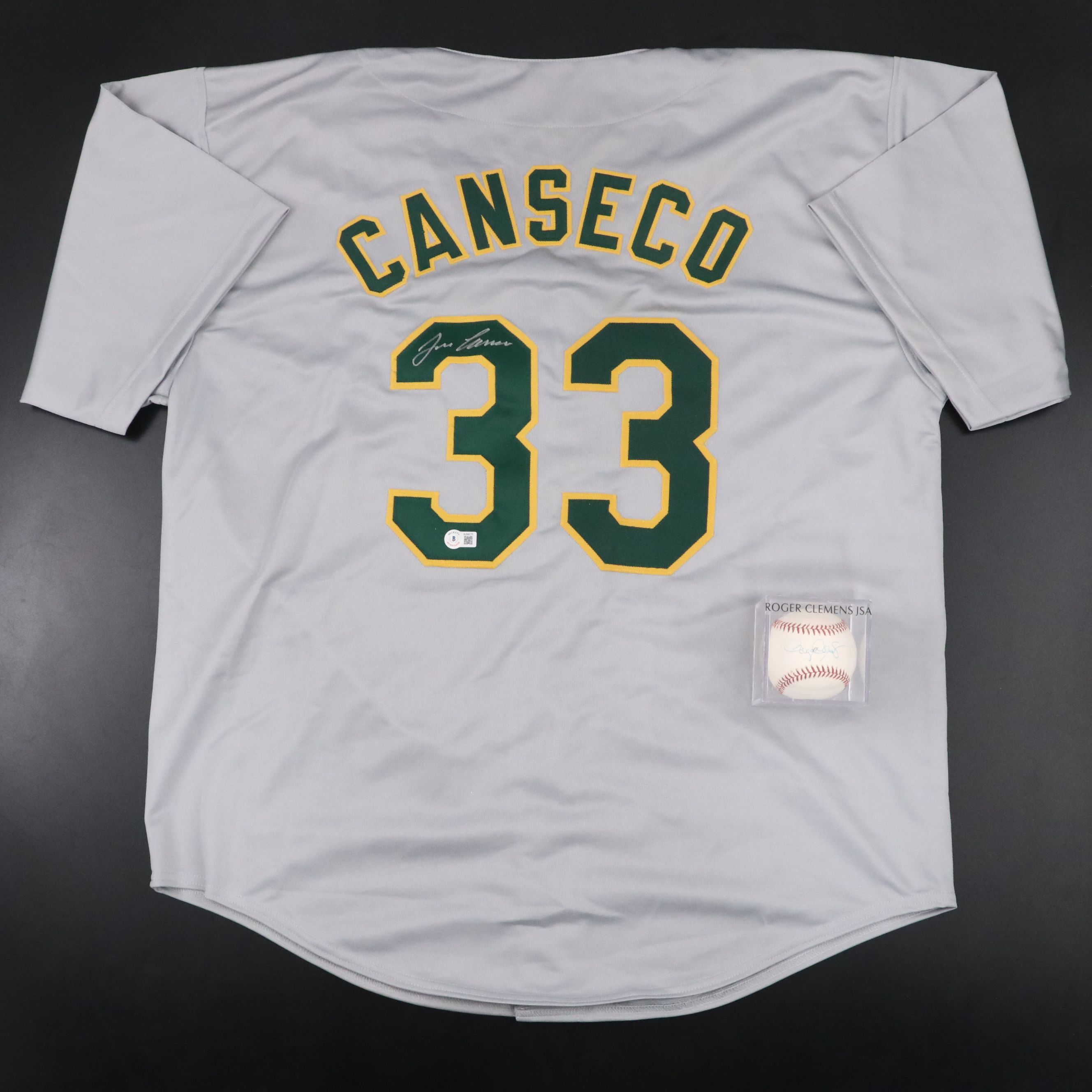 Jose Canseco Signed Oakland Athletics Jersey with Roger Clemens Signed Baseball