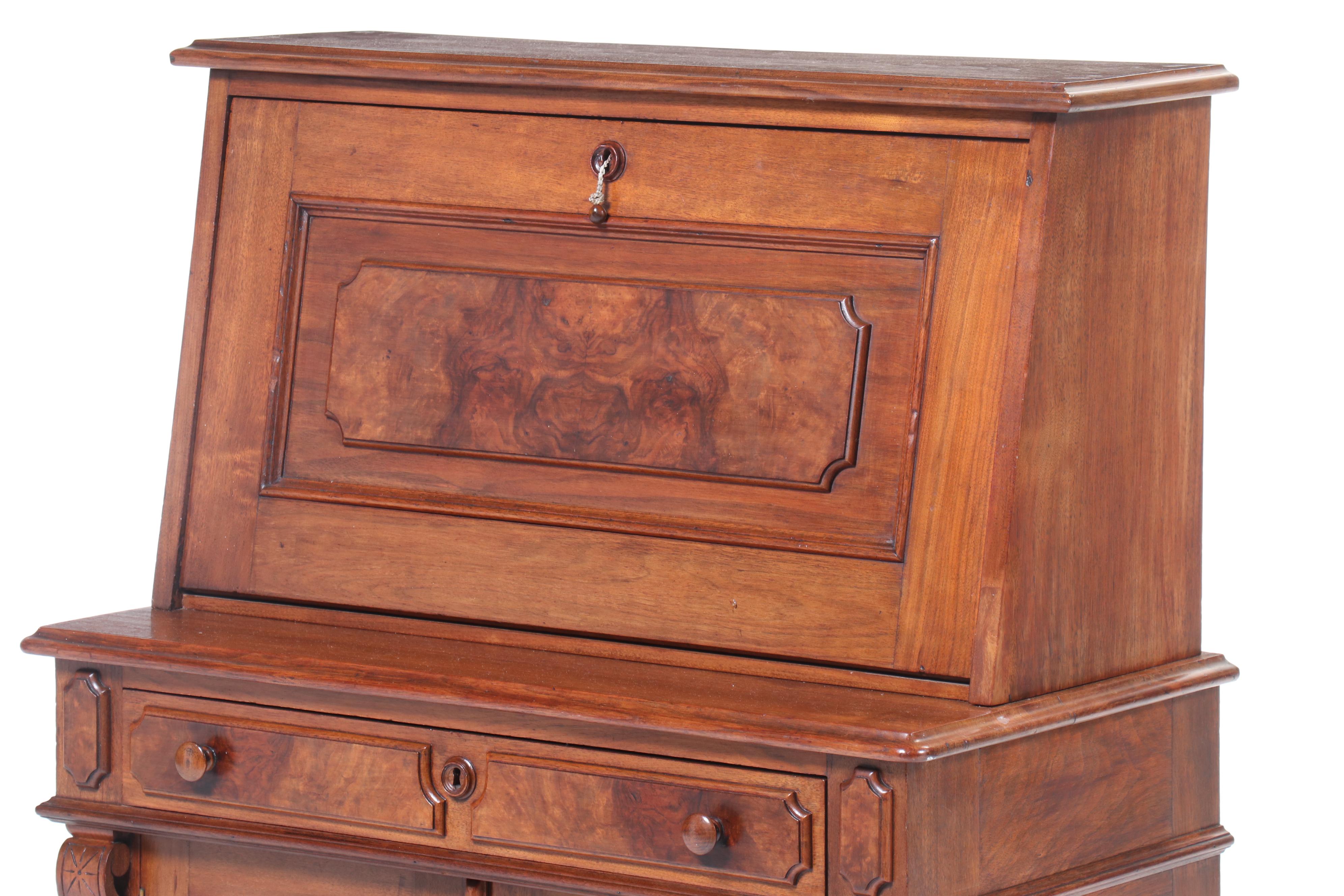 Victorian Burl Wood and Walnut Drop-Front Secretary Desk, 19th Century