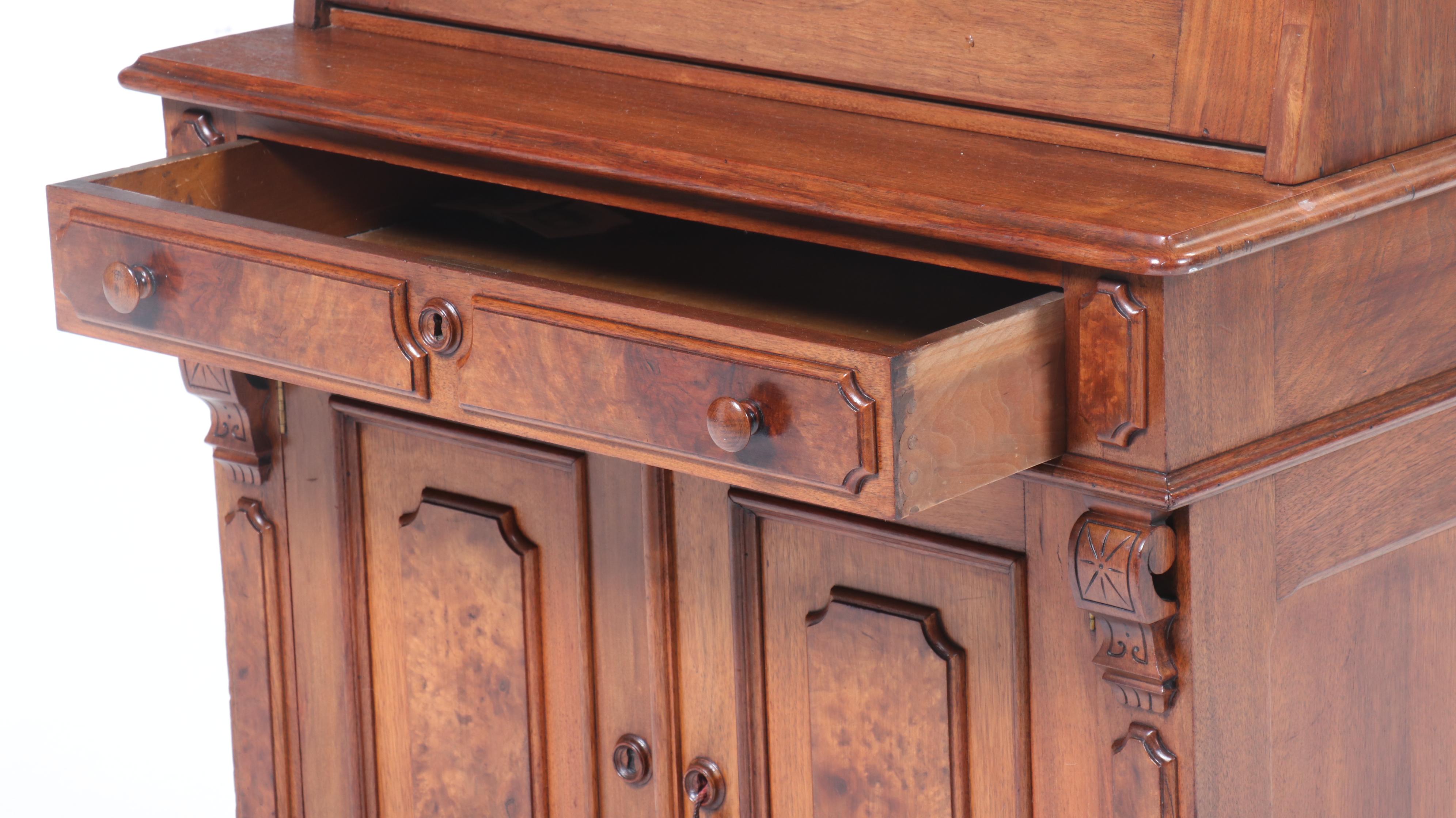 Victorian Burl Wood and Walnut Drop-Front Secretary Desk, 19th Century