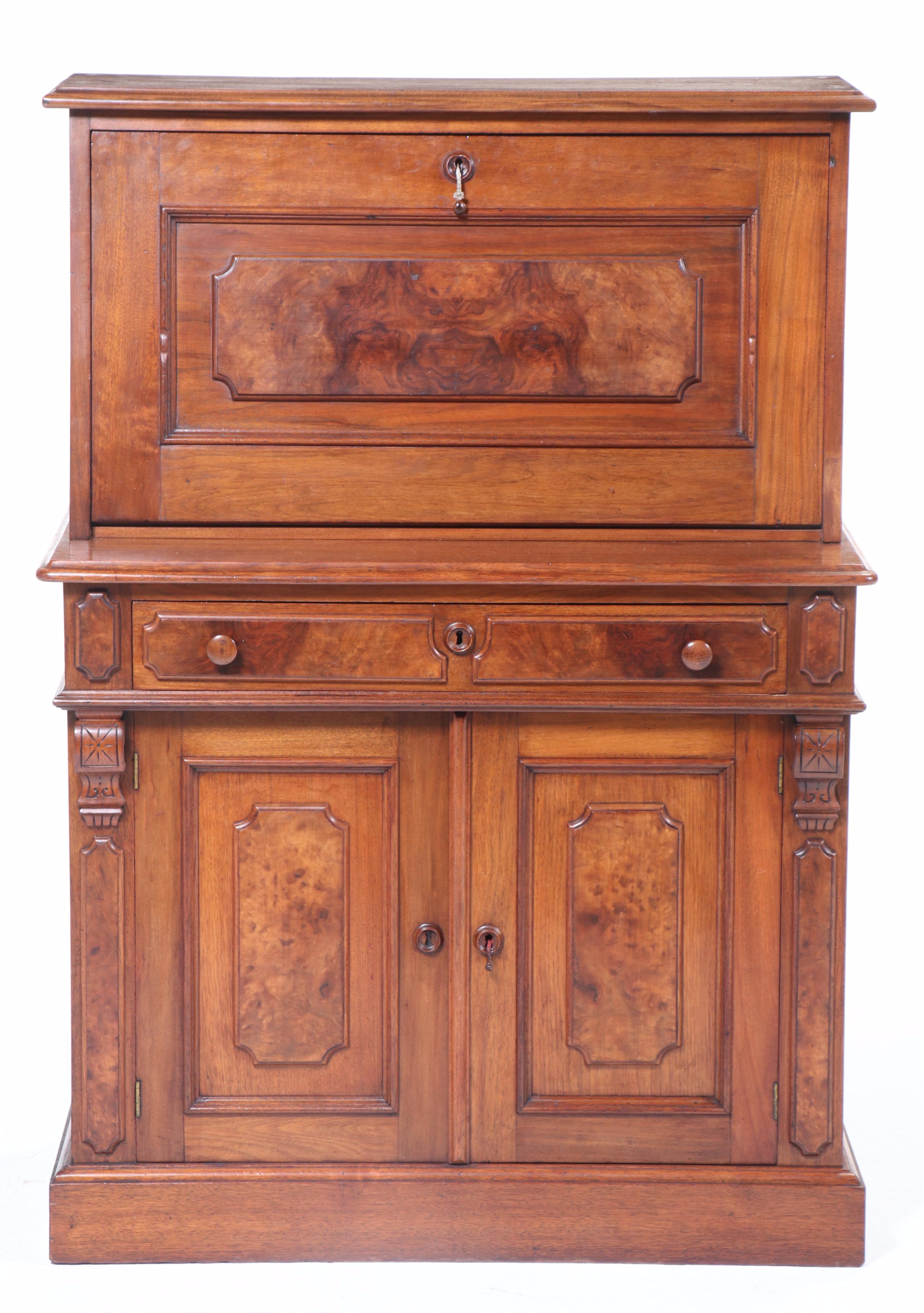 Victorian Burl Wood and Walnut Drop-Front Secretary Desk, 19th Century