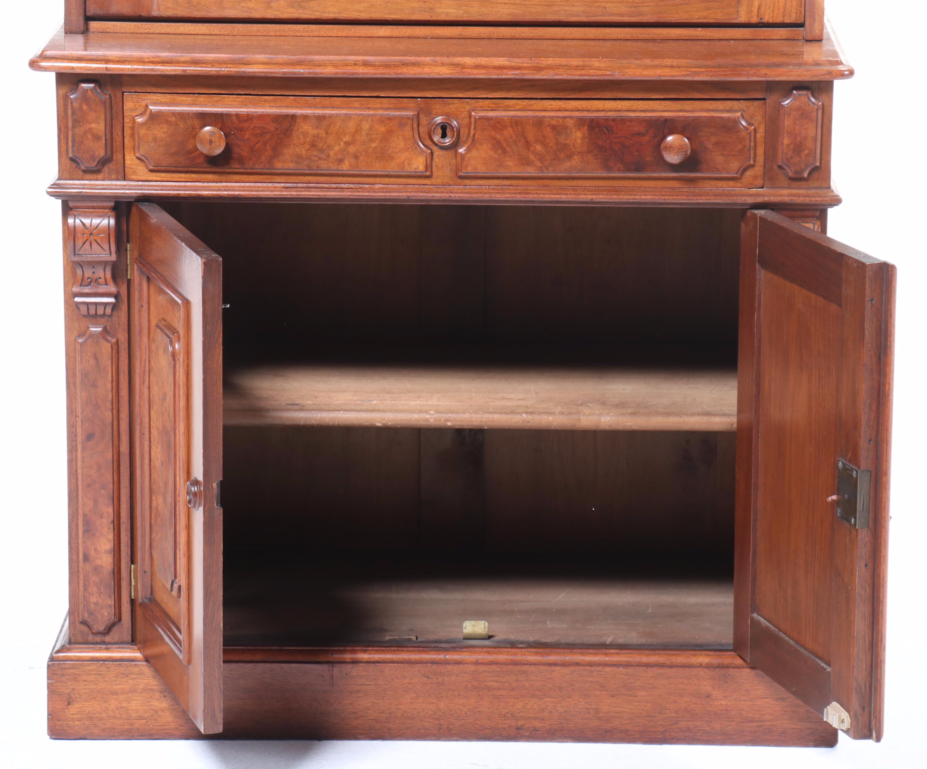 Victorian Burl Wood and Walnut Drop-Front Secretary Desk, 19th Century
