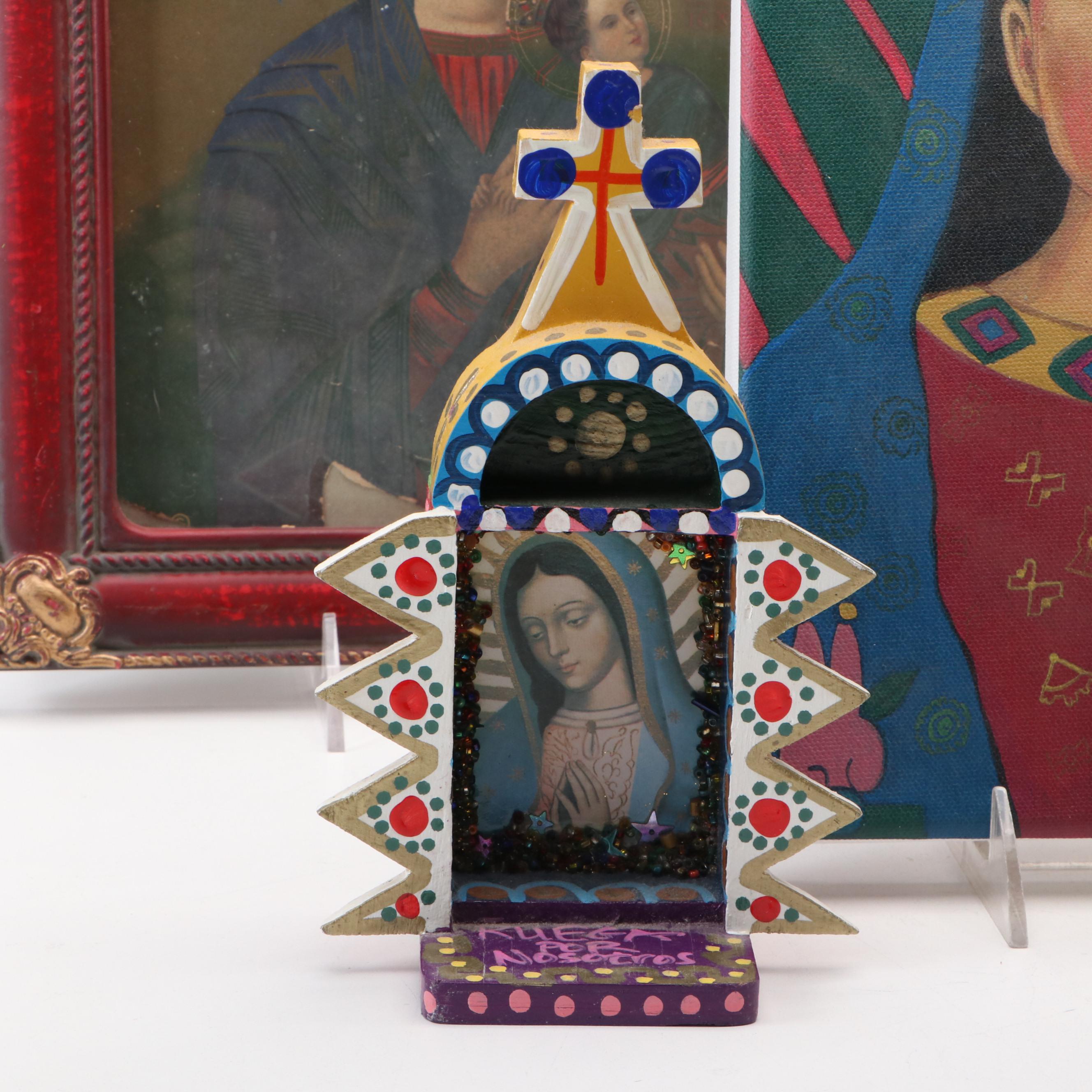 "Virgen con Corazon y Maguey" After Santa Barraza and Religious Art Collection