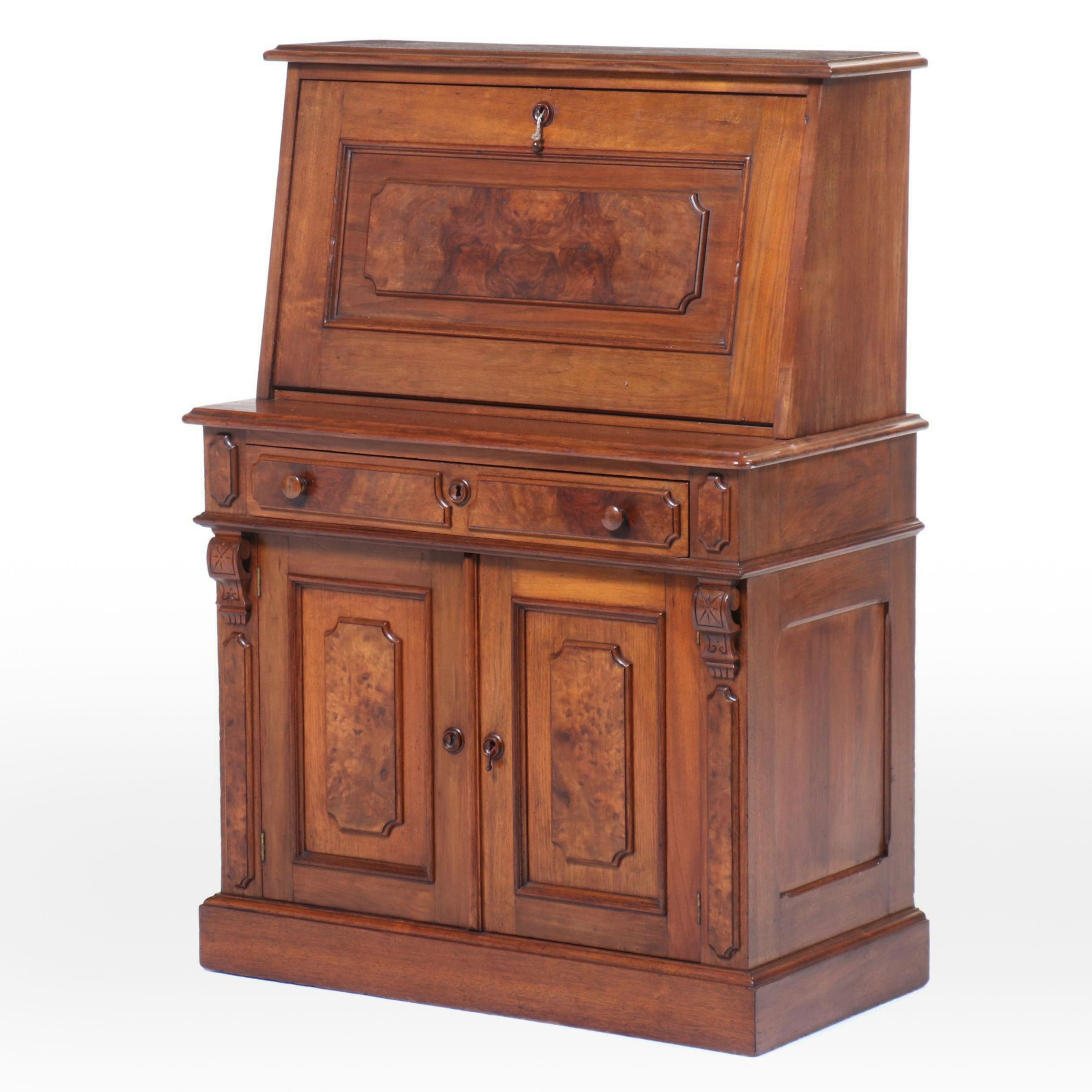 Victorian Burl Wood and Walnut Drop-Front Secretary Desk, 19th Century