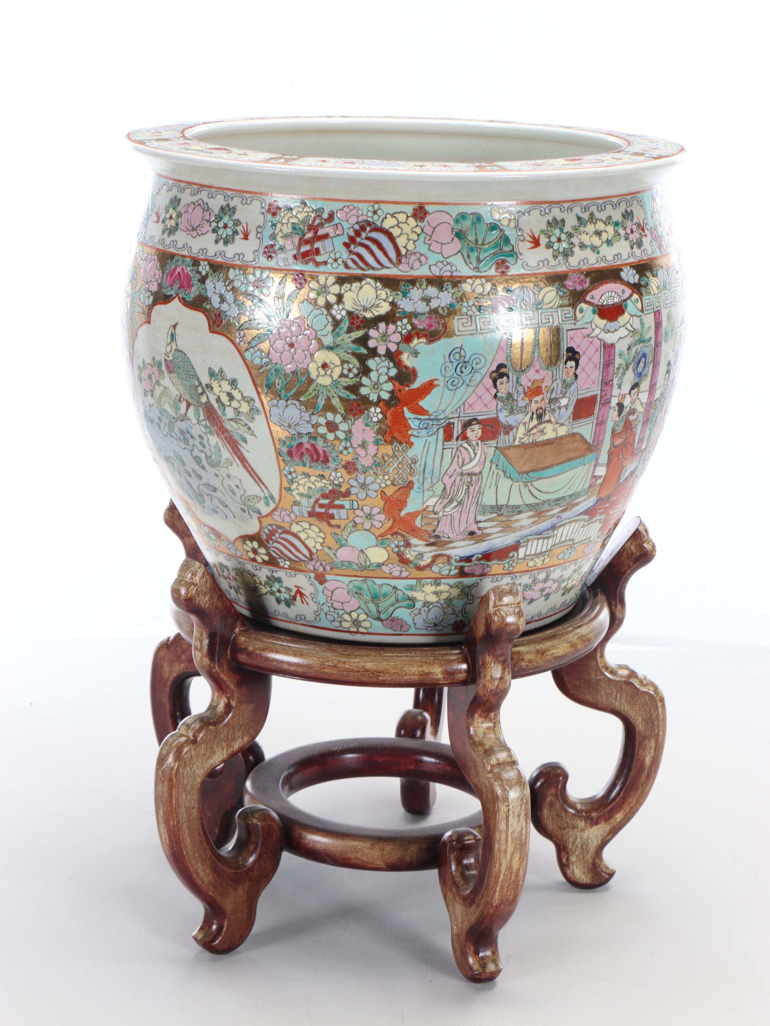 Chinese Satsuma Style Porcelain Fishbowl Planter with Carved Wood Stand