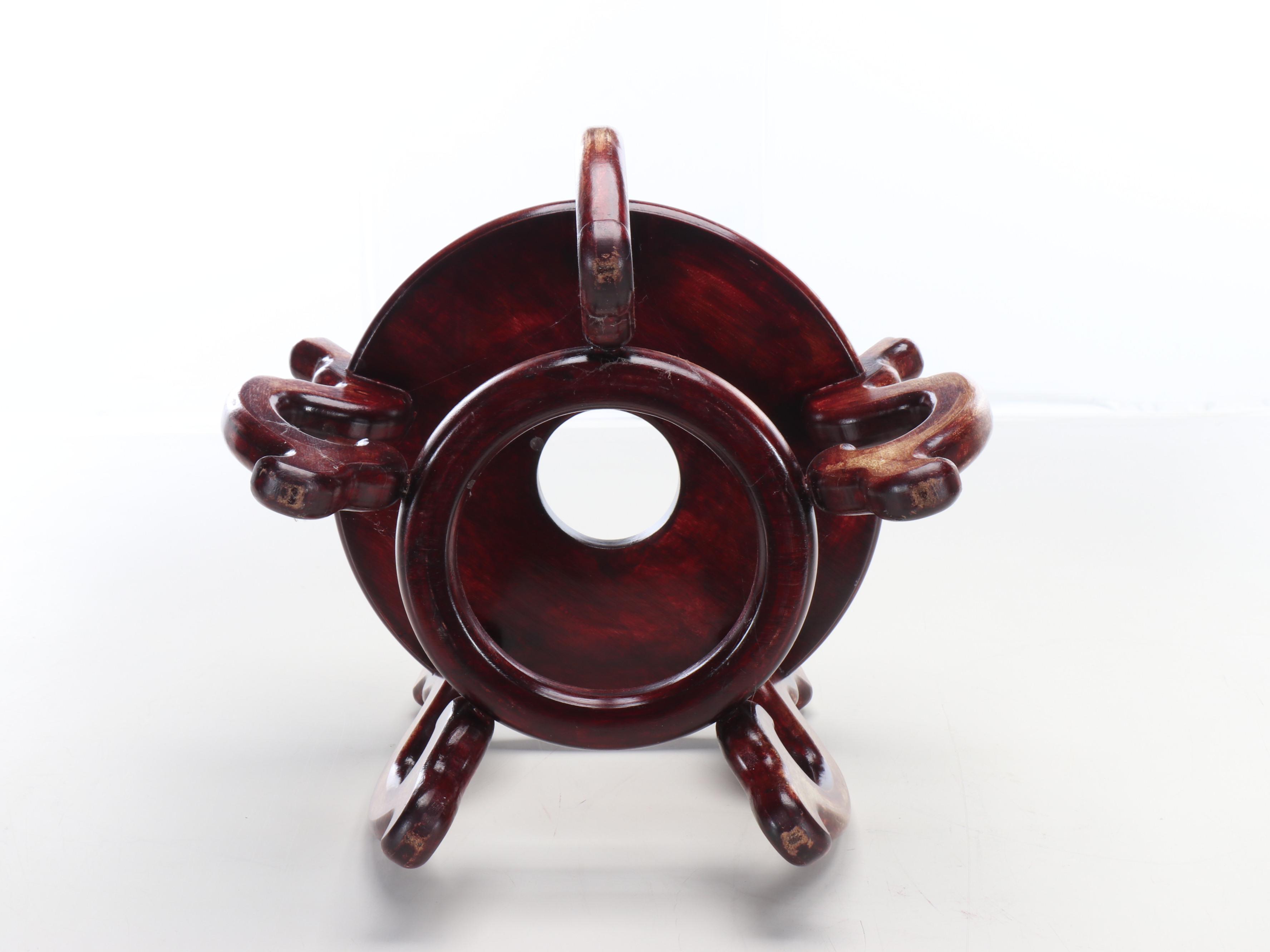 Chinese Satsuma Style Porcelain Fishbowl Planter with Carved Wood Stand