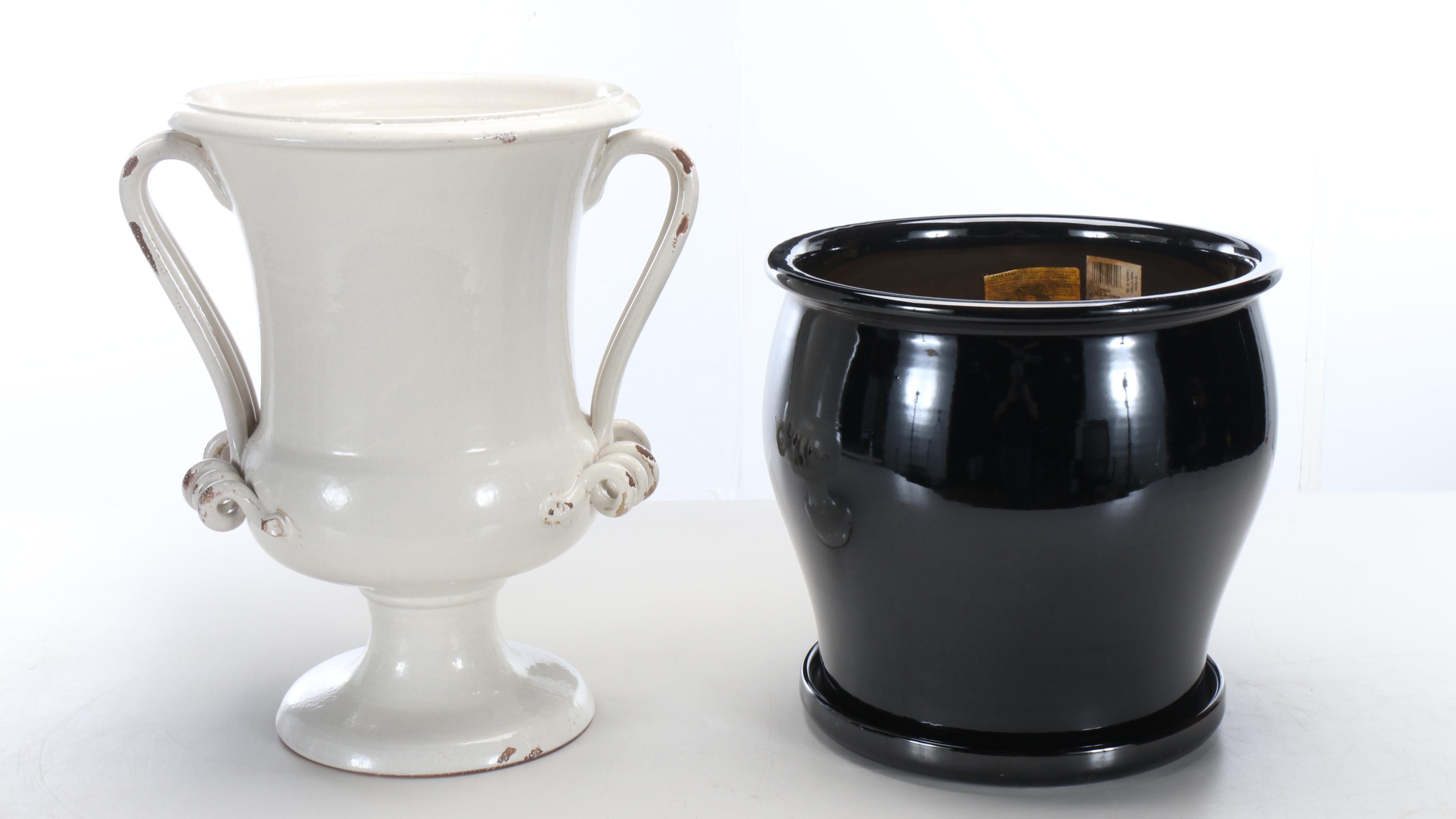 White Glazed Ceramic Urn Planter with Black Glazed Planter