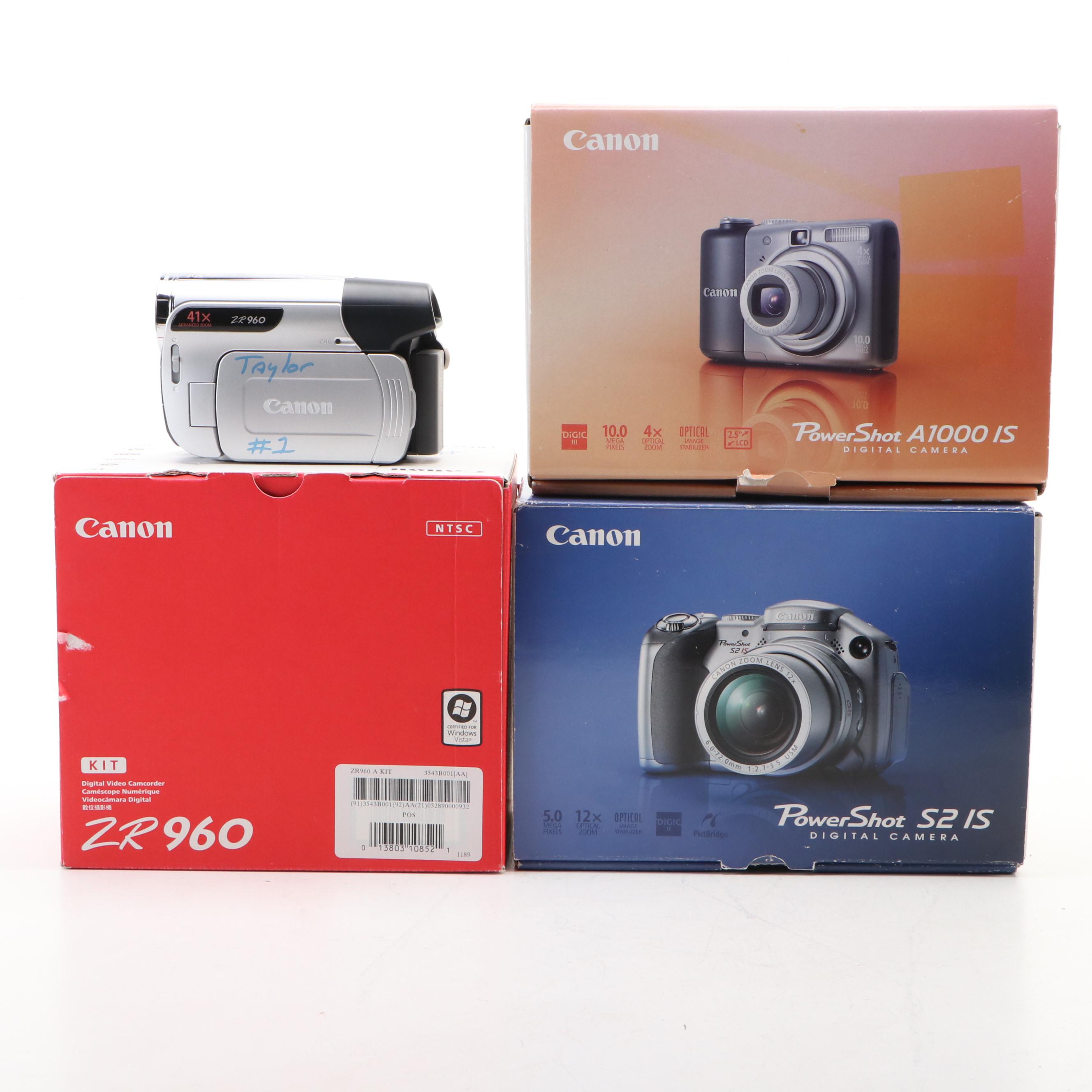 Canon PowerShot S2 IS and A1000 IS, ZR960 Video Camera, Power Cord, More
