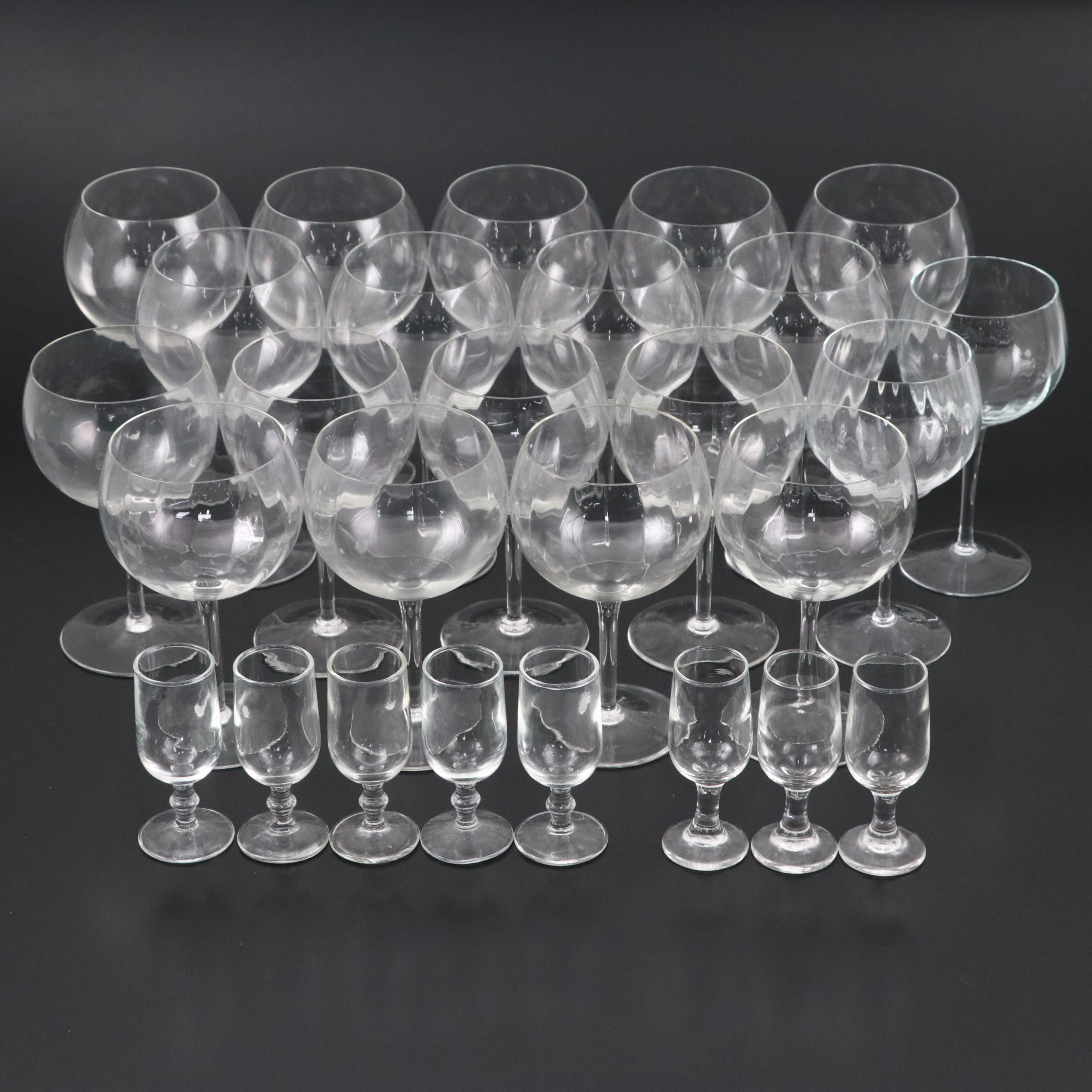 Glass Swirl and Flat Sphere Wine Glasses with Glass Bubble Stem Shot Glasses