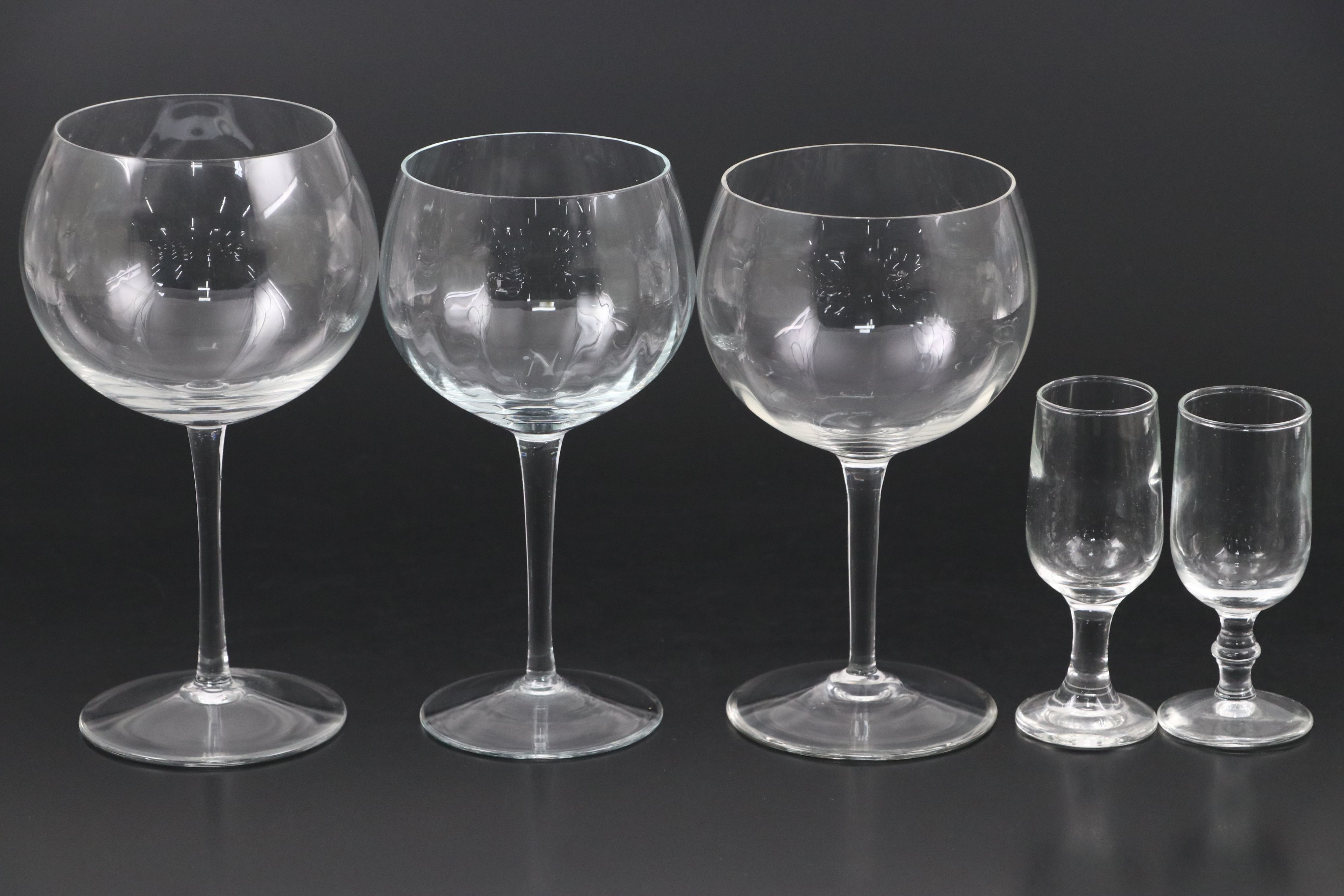 Glass Swirl and Flat Sphere Wine Glasses with Glass Bubble Stem Shot Glasses