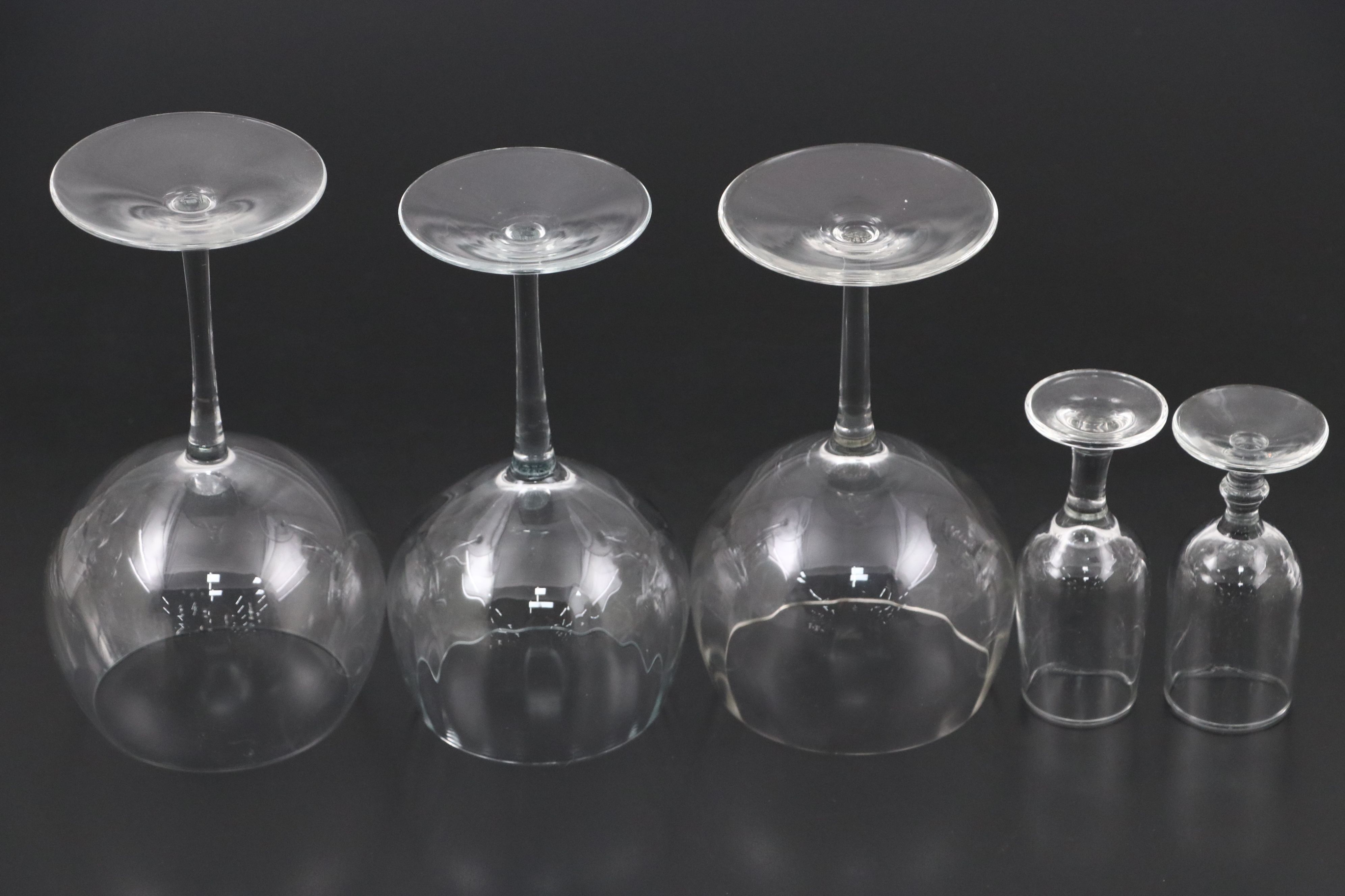 Glass Swirl and Flat Sphere Wine Glasses with Glass Bubble Stem Shot Glasses