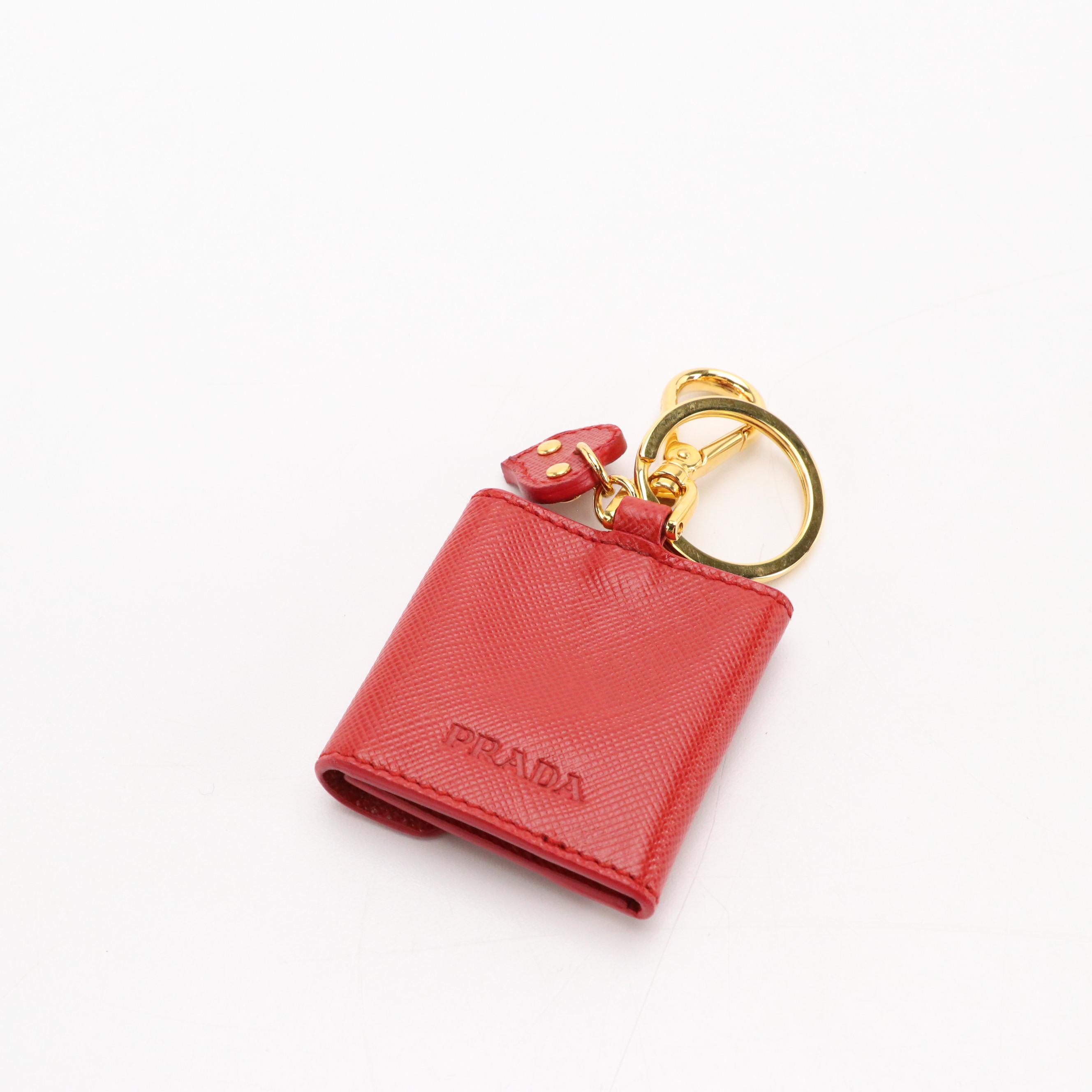 Prada Red Saffiano Leather Envelope Flap Heart Photo/Key Ring with Box