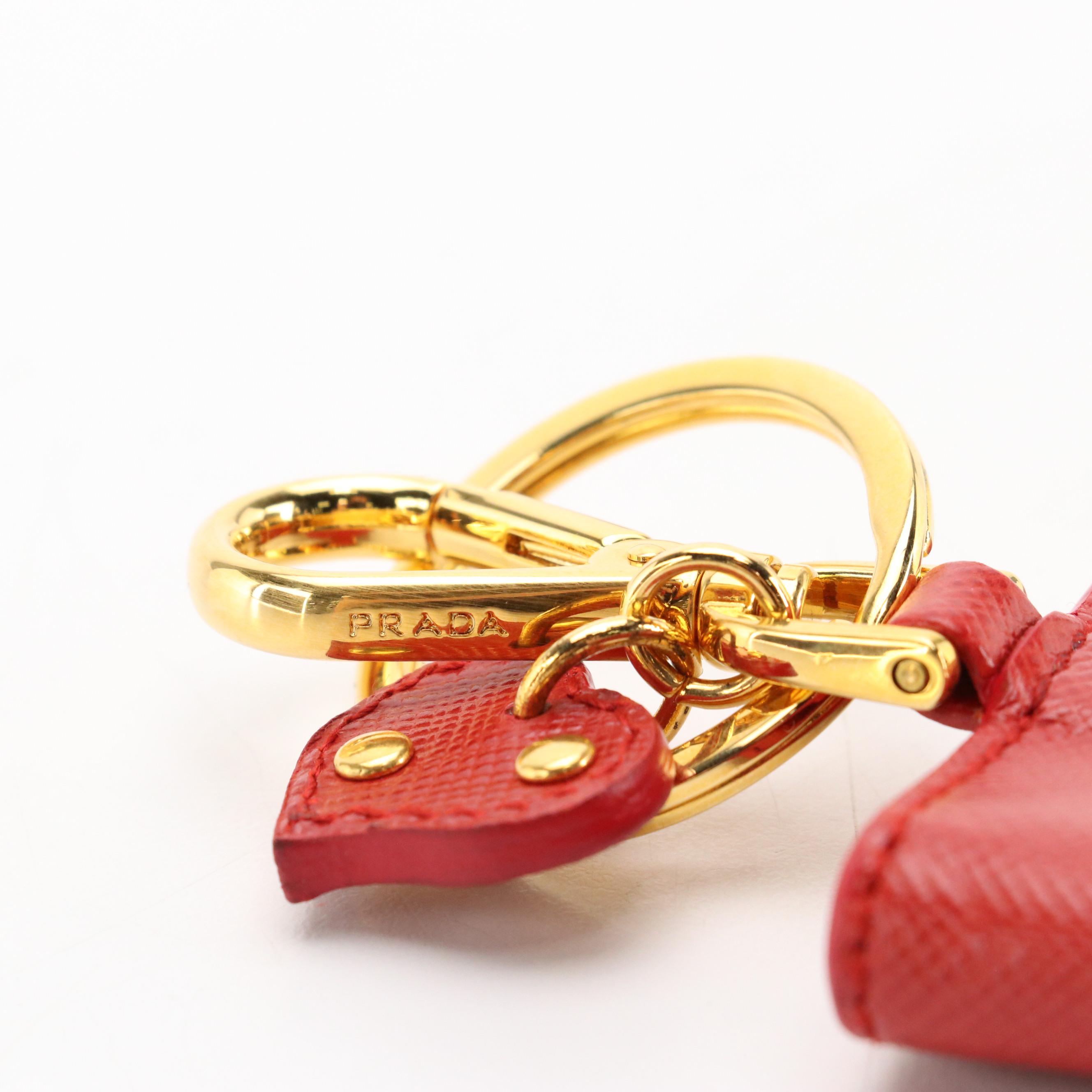 Prada Red Saffiano Leather Envelope Flap Heart Photo/Key Ring with Box