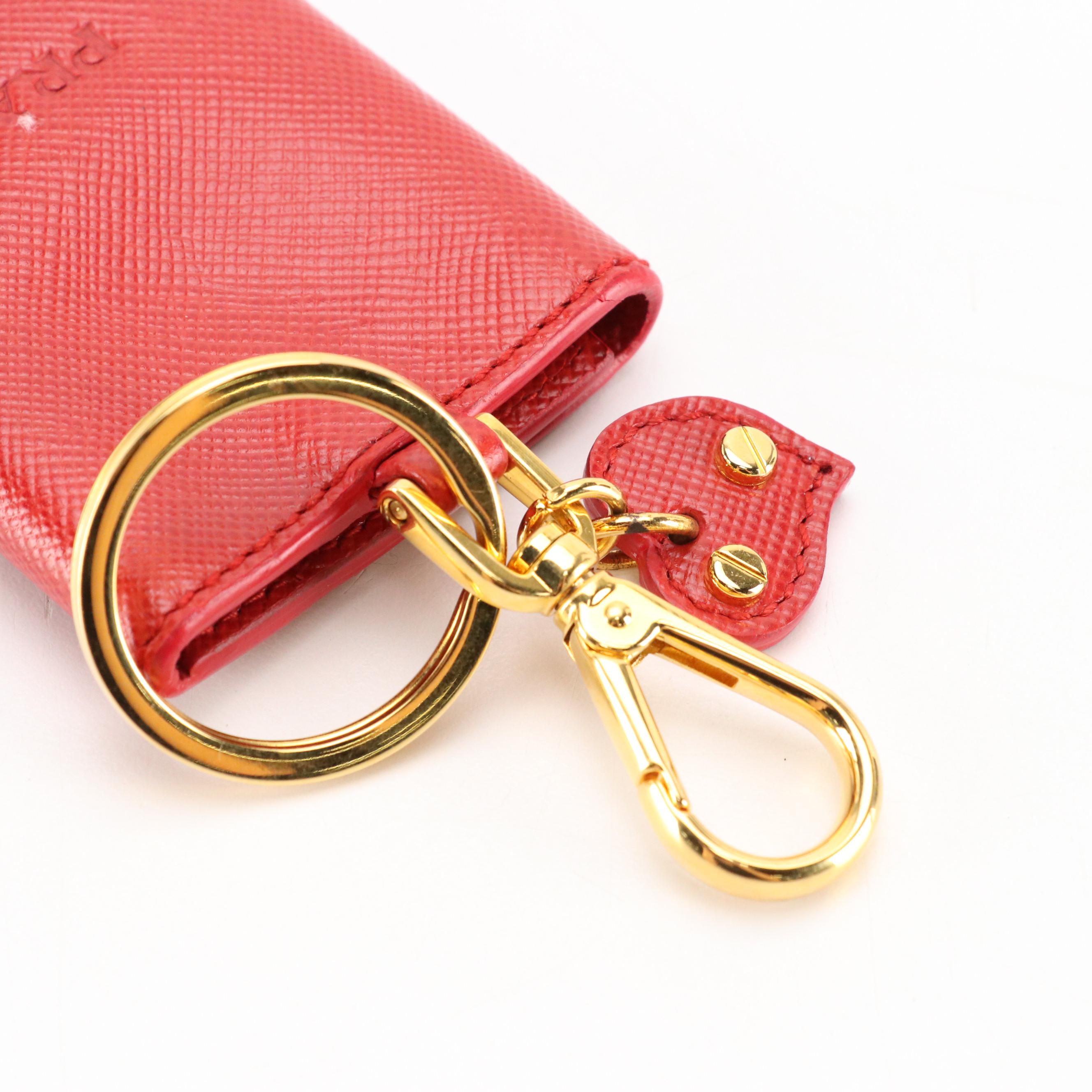 Prada Red Saffiano Leather Envelope Flap Heart Photo/Key Ring with Box