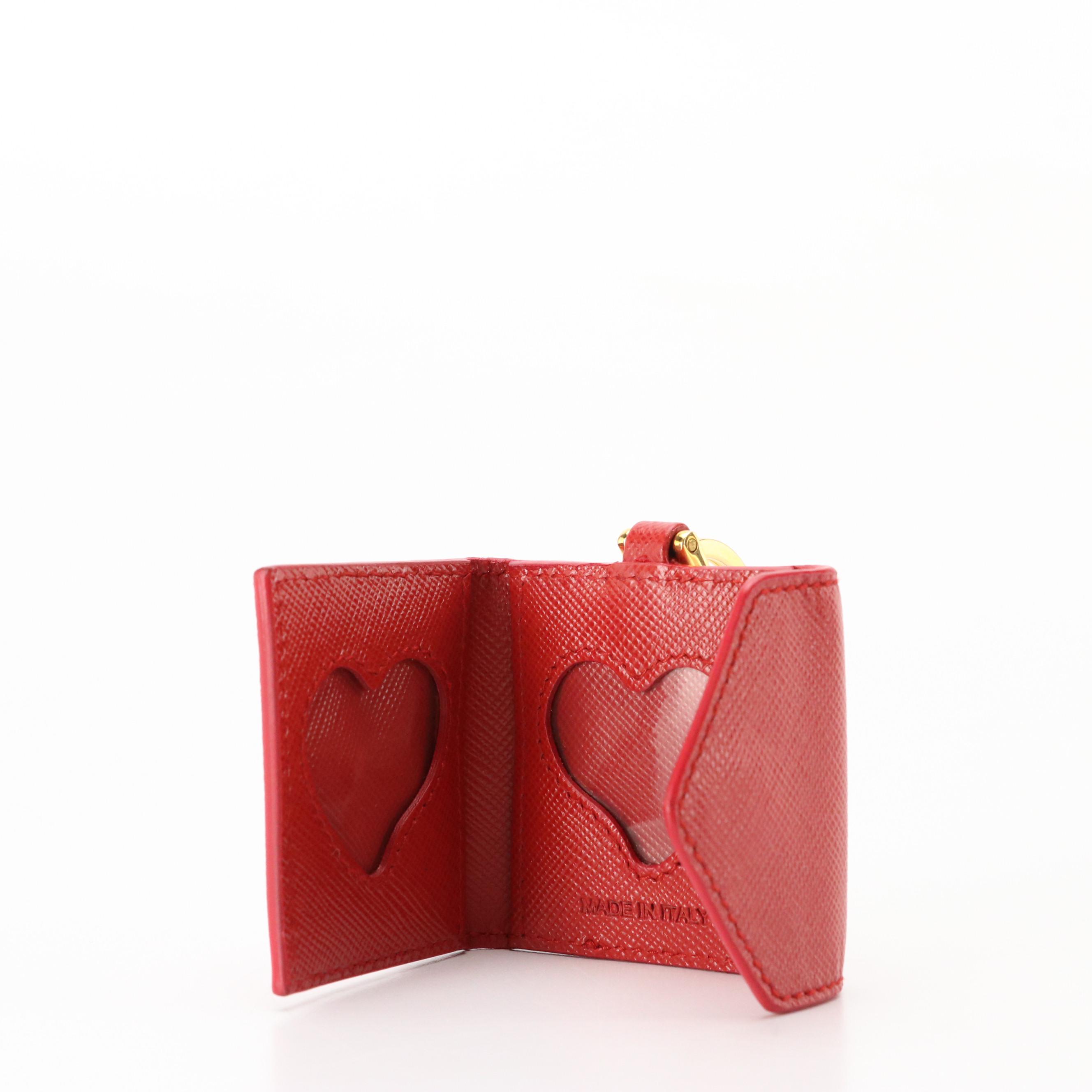 Prada Red Saffiano Leather Envelope Flap Heart Photo/Key Ring with Box