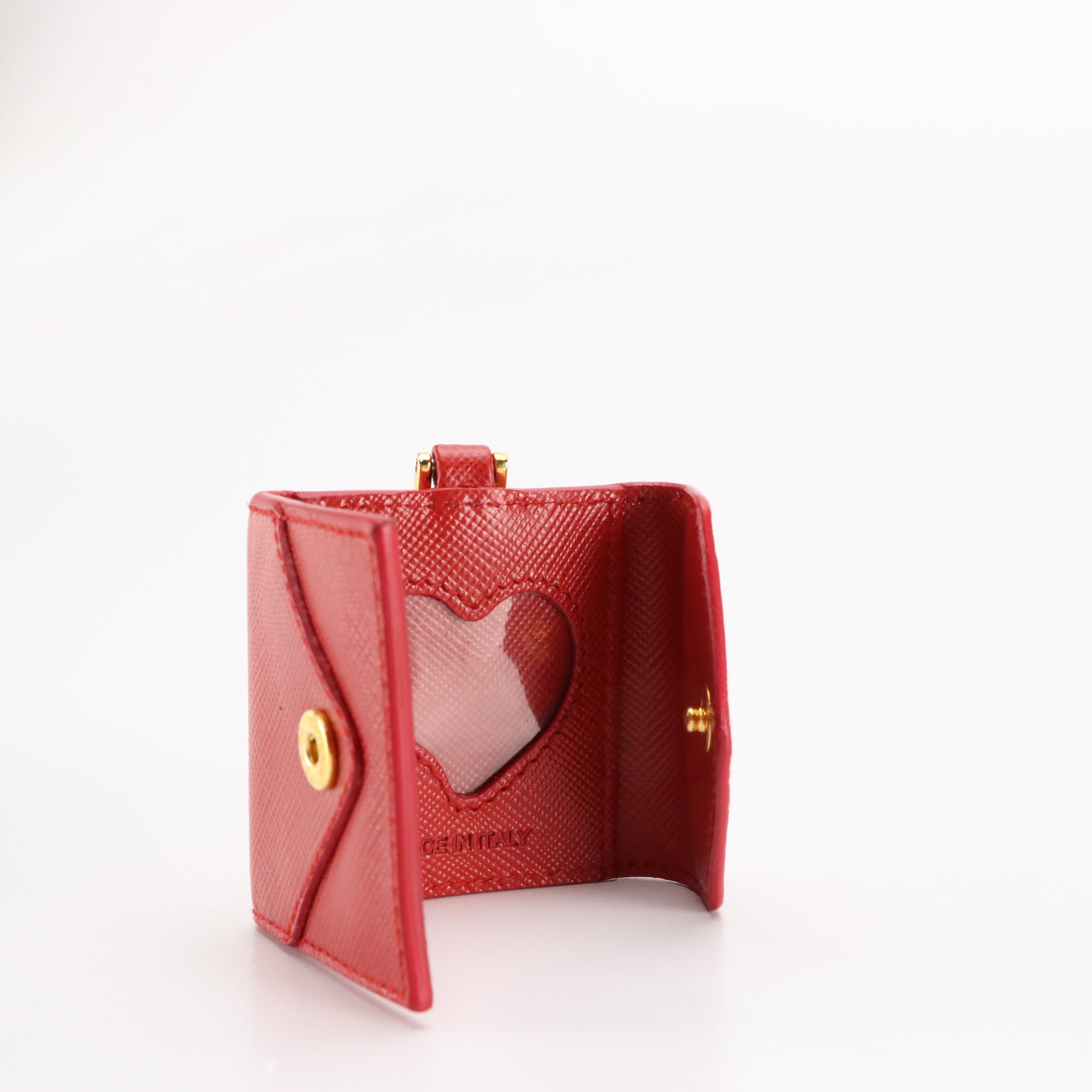 Prada Red Saffiano Leather Envelope Flap Heart Photo/Key Ring with Box